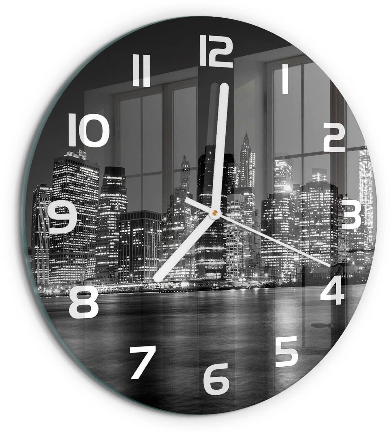 TULUP Wandklok - Manhattan 's nachts Glazen Klok Met Print - fi30 cm - Zwart-wit Wandklok Glas Met Motief - Witte handen - Ronde Klok - Wandklok Glas Decoratie - Gekleurde Glazen Klok