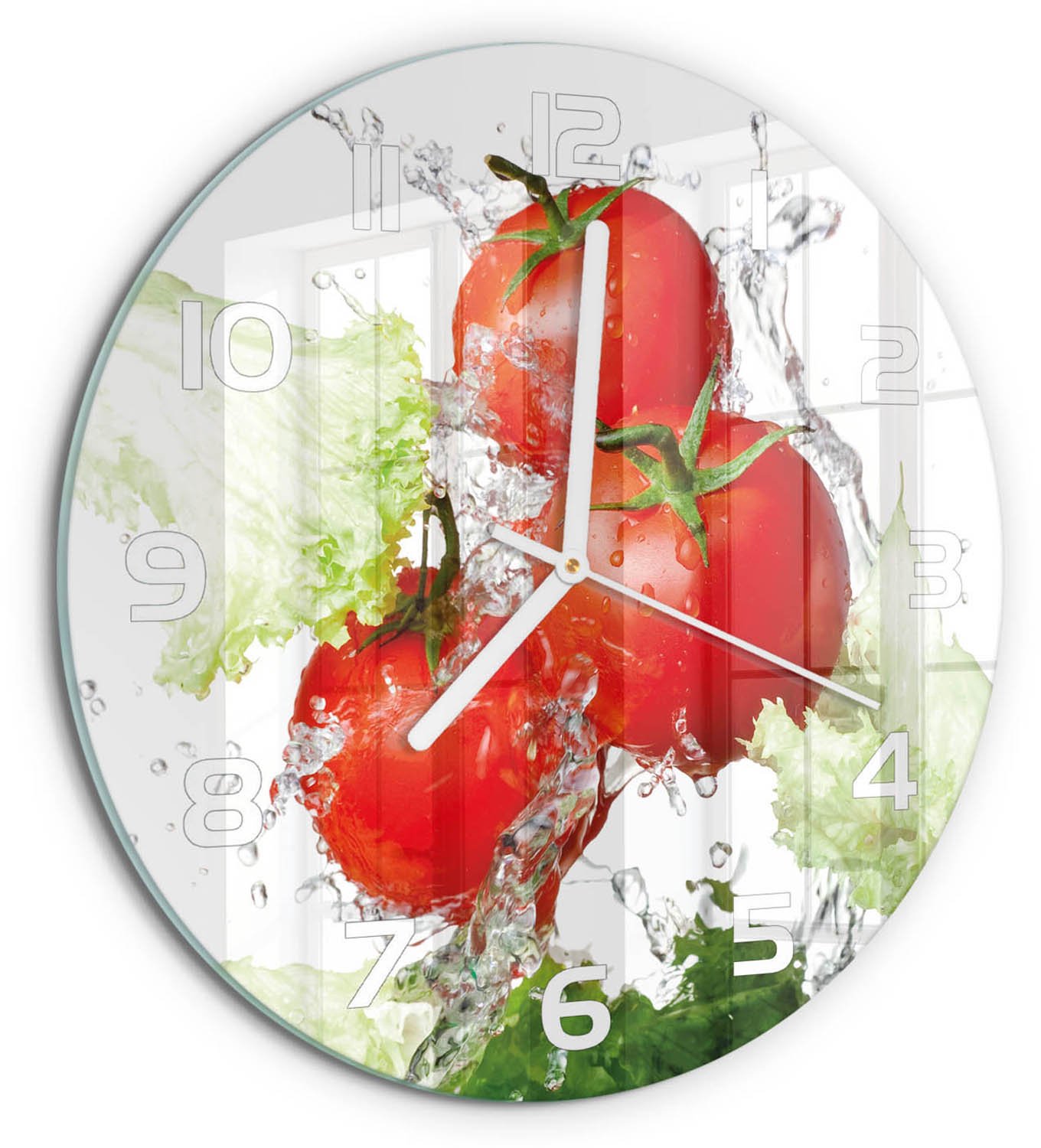 TULUP Wandklok - Tomaten en sla Moderne Wandklok Glas - fi30 cm - Rood Wandklok Glas Decoratie - Witte handen - Ronde Klok - Glazen Wandklok Design - Klok Glas Met Opdruk
