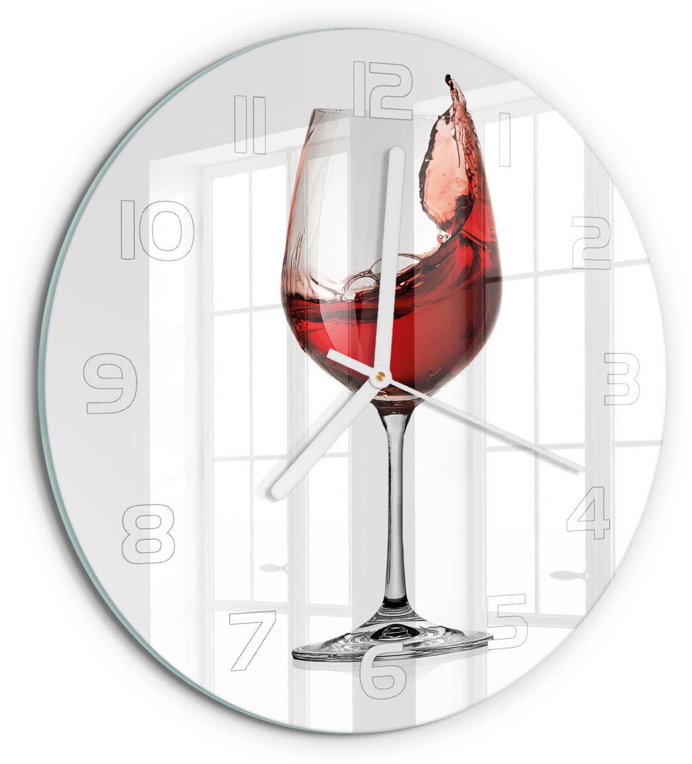 TULUP Wandklok - Rode wijn Gekleurde Glazen Klok - fi30 cm - Rood Glazen Klok Met Print - Witte handen - Ronde Klok - Moderne Wandklok Glas - Wandklok Glas Decoratie