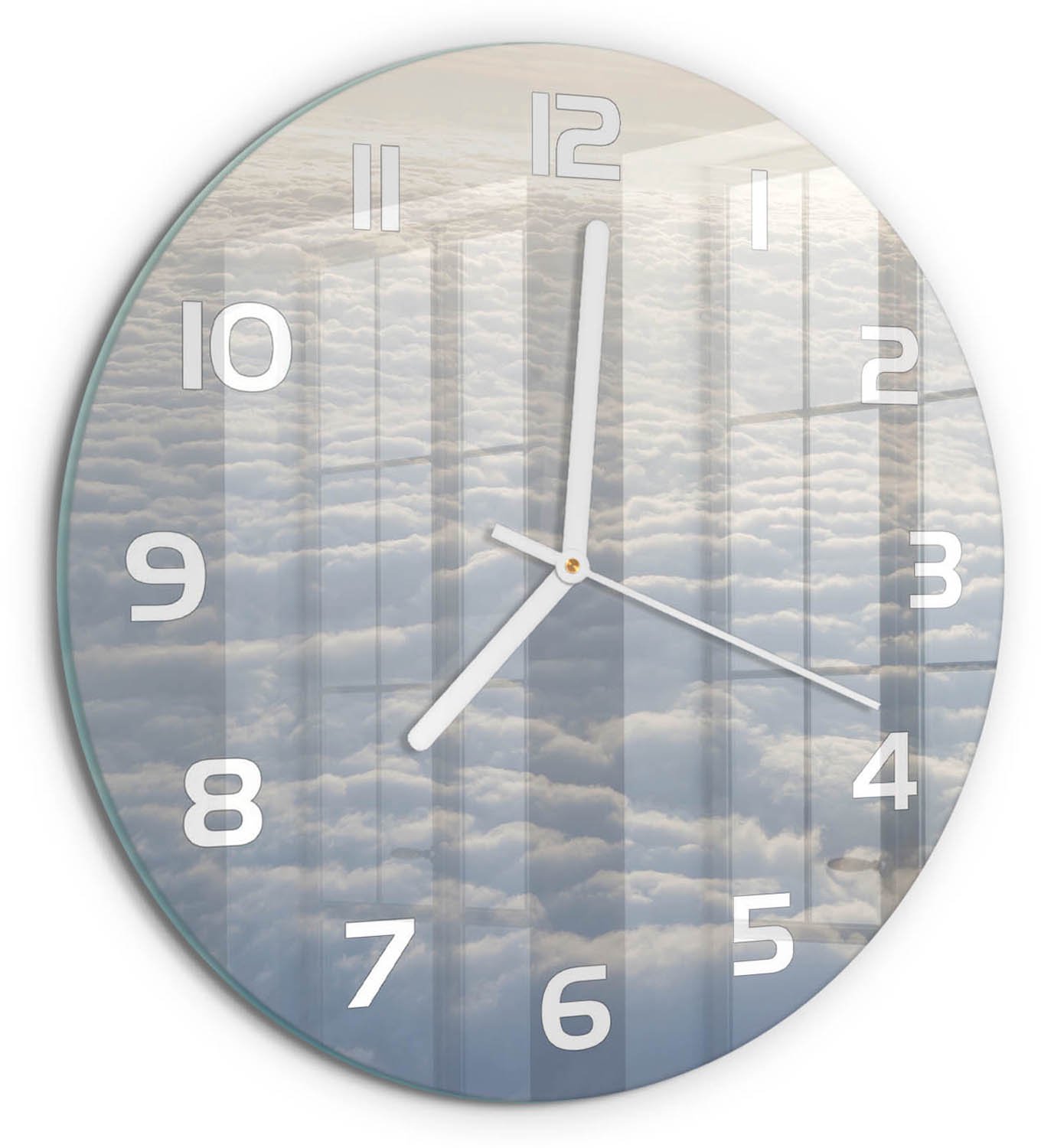 TULUP Wandklok - Vliegen boven de wolken Glazen Klok Met Print - fi30 cm - Wit Wandklok Glas Met Motief - Witte handen - Ronde Klok - Wandklok Glas Decoratie - Gekleurde Glazen Klok