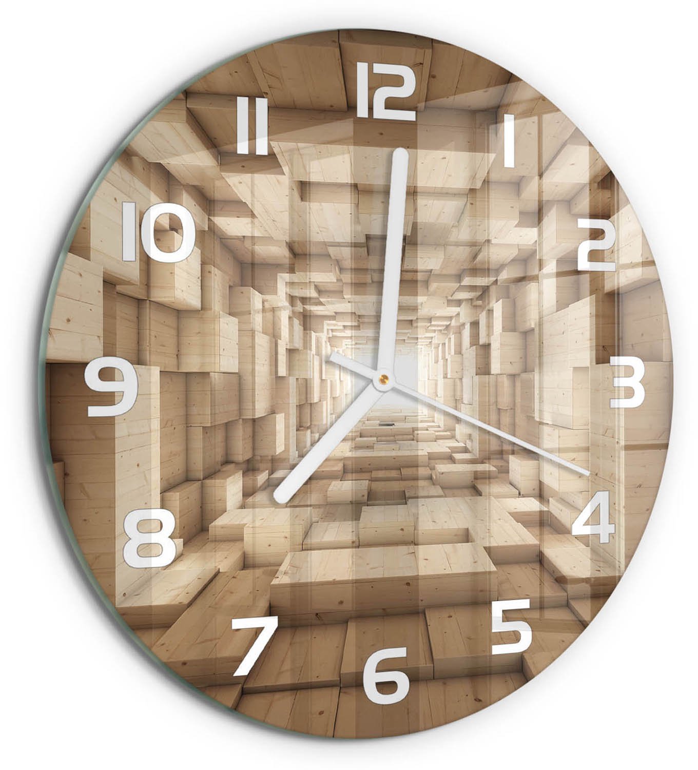 TULUP Wandklok - Houten tunnel Glazen Klok Met Print - fi30 cm - Beige Wandklok Glas Met Motief - Witte handen - Ronde Klok - Wandklok Glas Decoratie - Gekleurde Glazen Klok
