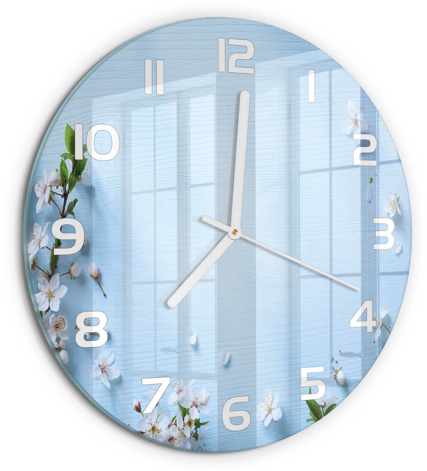 TULUP Wandklok - Achtergrond met kersenbloesem Gekleurde Glazen Klok - fi30 cm - Blauw Glazen Klok Met Print - Witte handen - Ronde Klok - Moderne Wandklok Glas - Wandklok Glas Decoratie