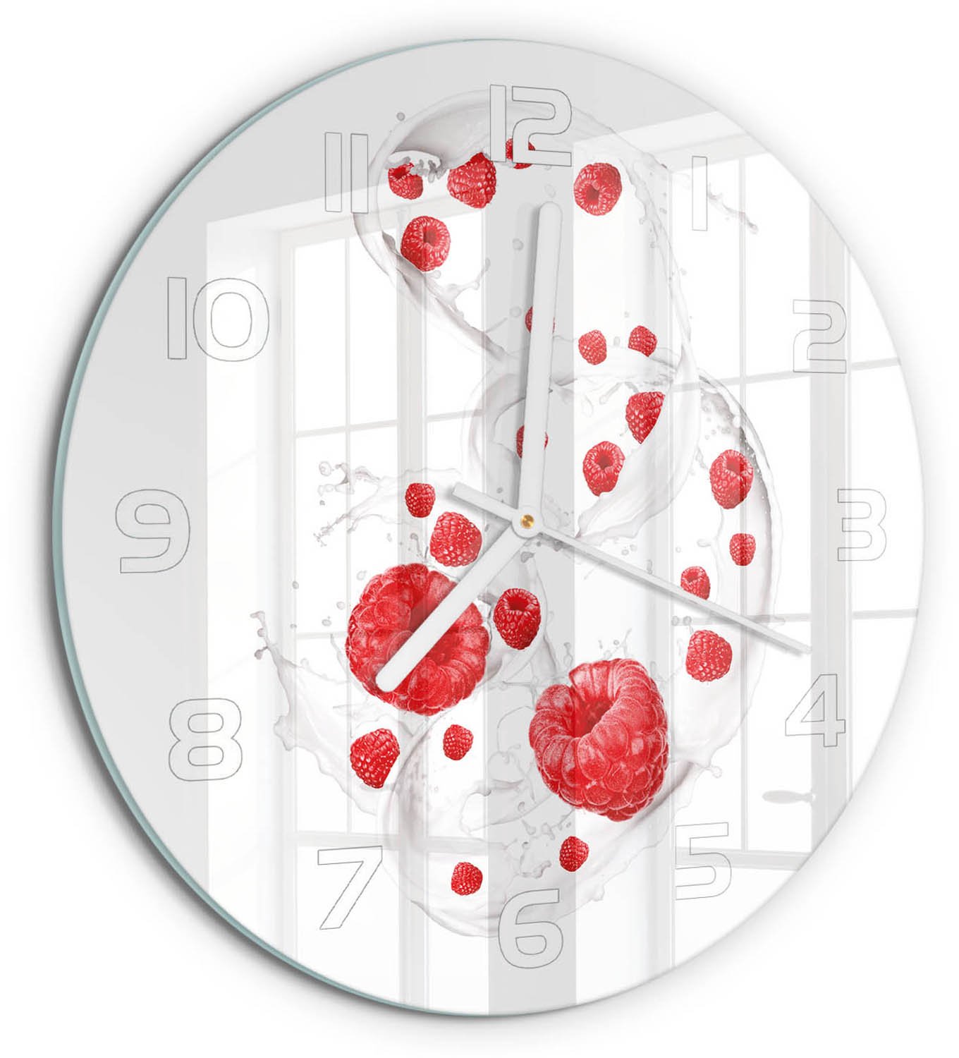 TULUP Wandklok - Frambozen met melk Glazen Klok Met Print - fi30 cm - Rood Wandklok Glas Met Motief - Witte handen - Ronde Klok - Wandklok Glas Decoratie - Gekleurde Glazen Klok