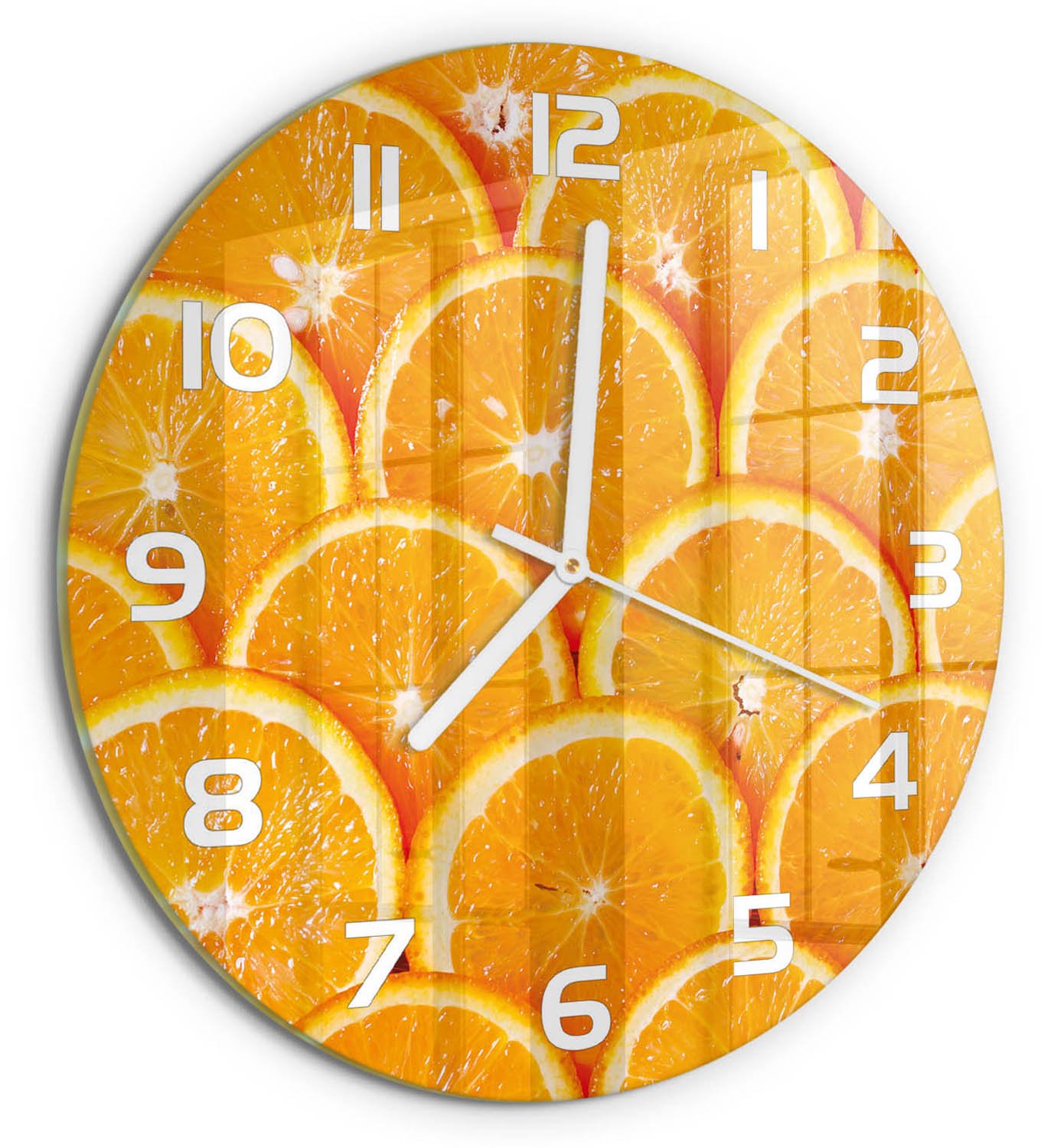 TULUP Wandklok - Sinaasappelschijfjes Gekleurde Glazen Klok - fi30 cm - Oranje Glazen Klok Met Print - Witte handen - Ronde Klok - Moderne Wandklok Glas - Wandklok Glas Decoratie