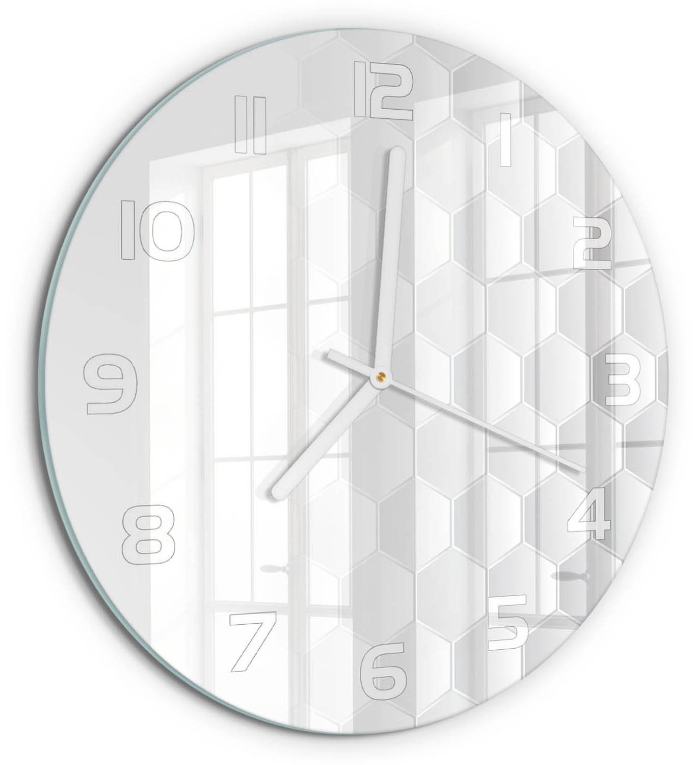 TULUP Wandklok - Zeshoekige achtergrond Glazen Wandklok Design - fi30 cm - Wit Klok Glas Met Opdruk - Witte handen - Ronde Klok - Wandklok Glas Met Motief - Decoratieve Glazen Klok