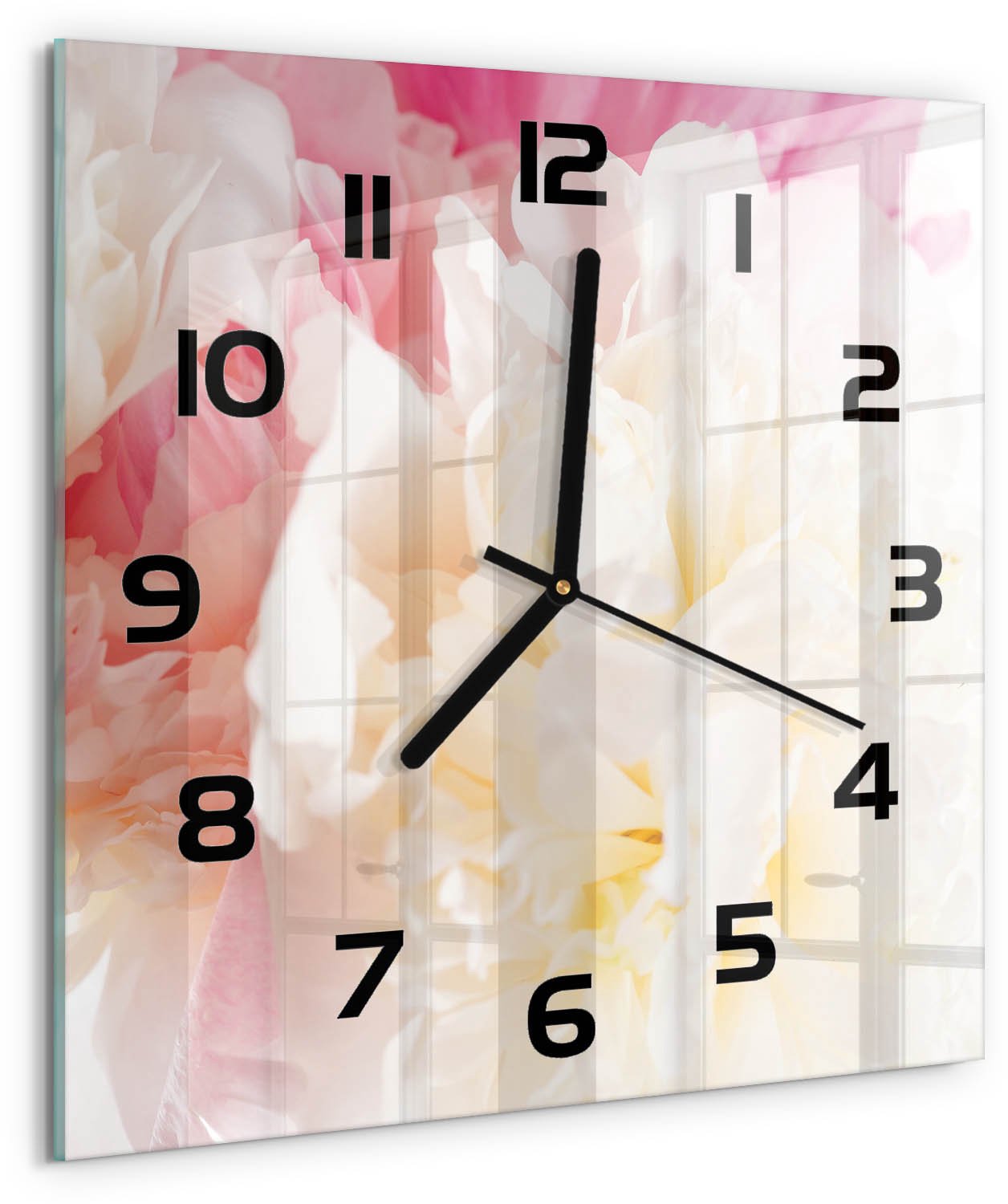 TULUP Wandklok - Pioen Moderne Wandklok Glas - 30x30 cm - Roze Wandklok Glas Decoratie - Zwarte handen - Vierkante Klok - Glazen Wandklok Design - Klok Glas Met Opdruk