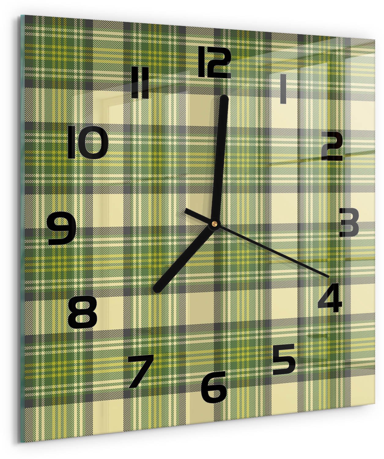 TULUP Wandklok - Groen raster Gekleurde Glazen Klok - 30x30 cm - Groente Glazen Klok Met Print - Zwarte handen - Vierkante Klok - Moderne Wandklok Glas - Wandklok Glas Decoratie