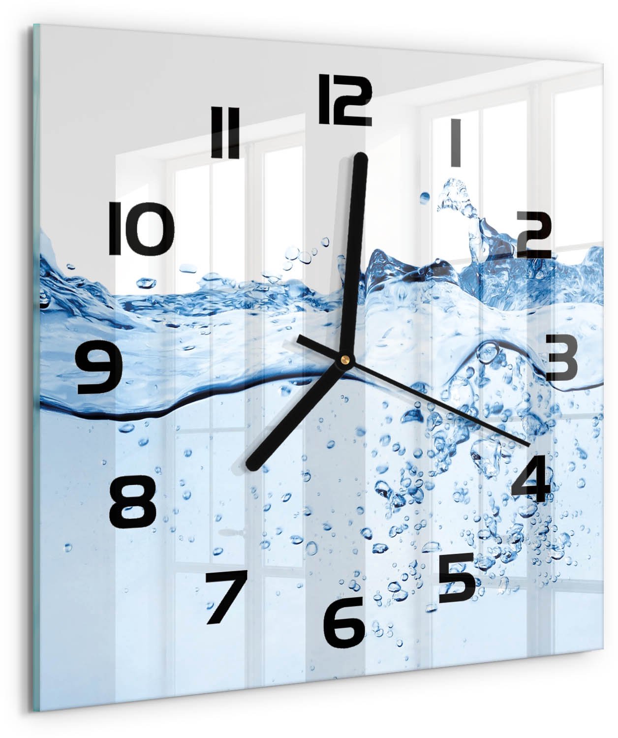 TULUP Wandklok - Water Glazen Klok Met Print - 30x30 cm - Blauw Wandklok Glas Met Motief - Zwarte handen - Vierkante Klok - Wandklok Glas Decoratie - Gekleurde Glazen Klok