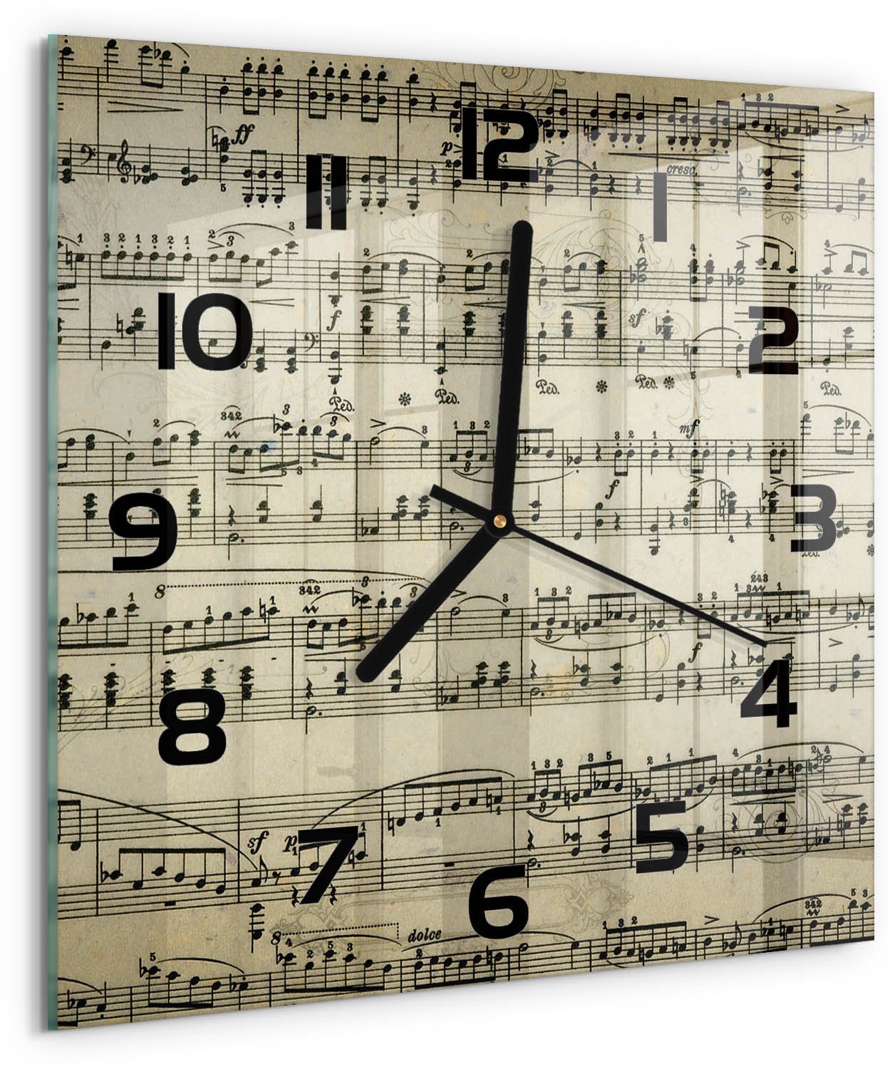 Tulup Wandklok - Cijfers Gekleurde Glazen Klok - 30x30 cm - Beige Glazen Klok Met Print - Zwarte handen - Vierkante Klok - Moderne Wandklok Glas - Wandklok Glas Decoratie