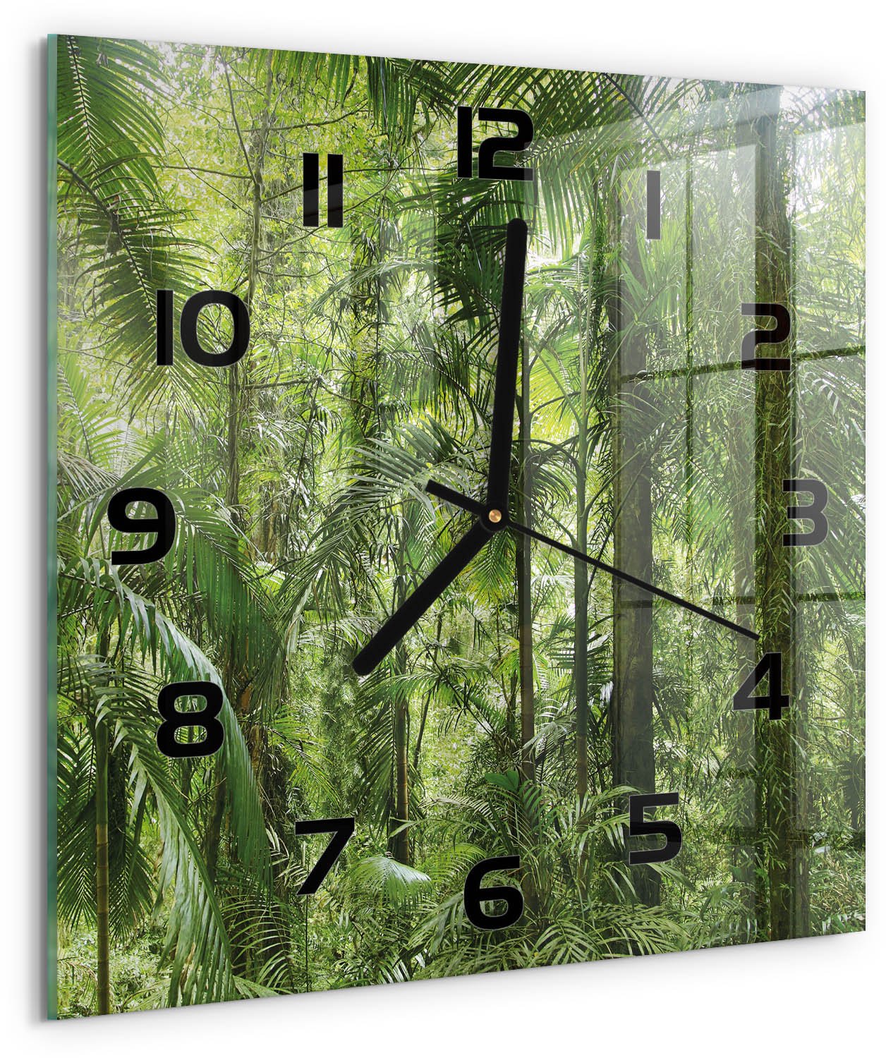 Tulup Wandklok - Tropisch bos Klok Glas Met Opdruk - 30x30 cm - Groente Moderne Wandklok Glas - Zwarte handen - Vierkante Klok - Decoratieve Glazen Klok - Glazen Wandklok Design