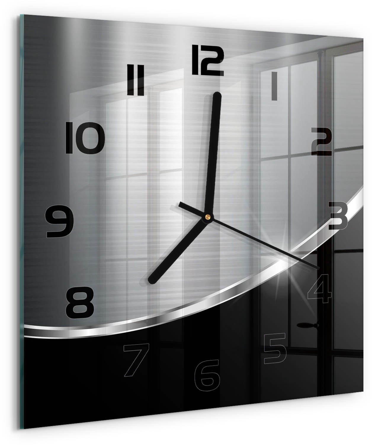 Tulup Wandklok - Metaalabstractie Moderne Wandklok Glas - 30x30 cm - Zilver Wandklok Glas Decoratie - Zwarte handen - Vierkante Klok - Glazen Wandklok Design - Klok Glas Met Opdruk