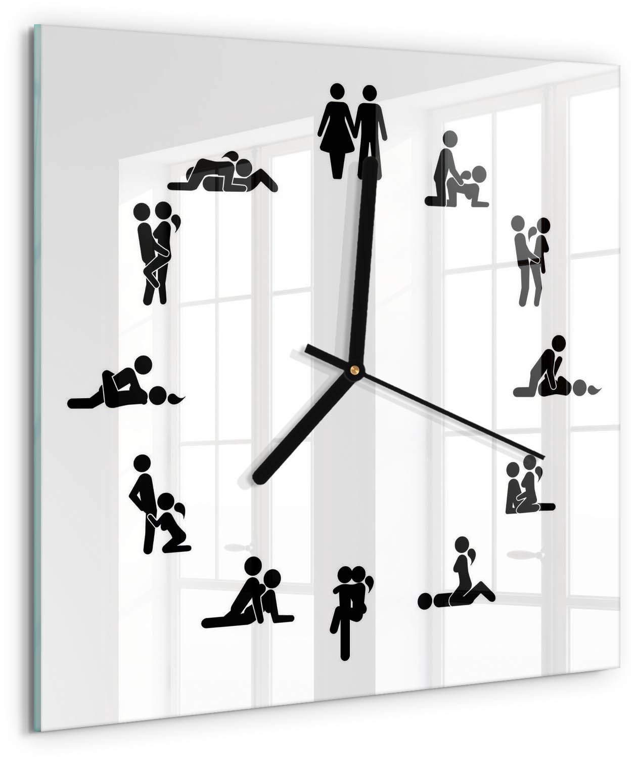 Tulup Wandklok - Kama Sutra Moderne Wandklok Glas - 30x30 cm - Wit Wandklok Glas Decoratie - Zwarte handen - Vierkante Klok - Glazen Wandklok Design - Klok Glas Met Opdruk