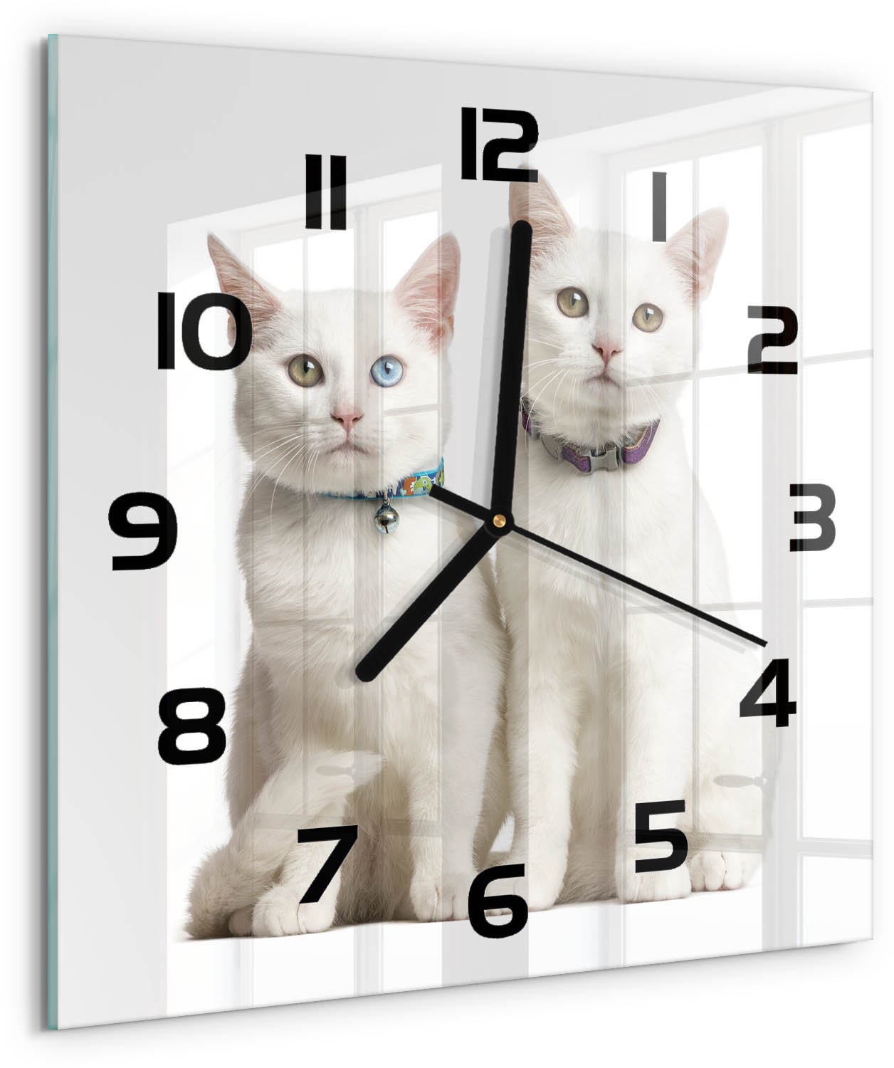TULUP Wandklok - Witte katten Decoratieve Glazen Klok - 30x30 cm - Wit Glazen Wandklok Design - Zwarte handen - Vierkante Klok - Glazen Klok Met Print - Wandklok Glas Met Motief