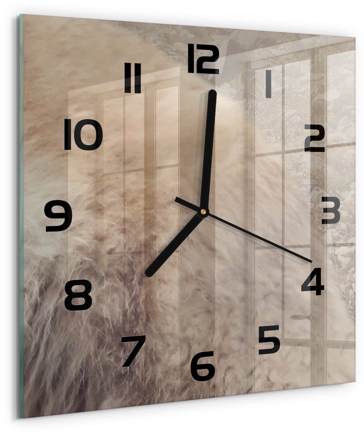 TULUP Wandklok - Witte wolf op de rots Gekleurde Glazen Klok - 30x30 cm - Beige Glazen Klok Met Print - Zwarte handen - Vierkante Klok - Moderne Wandklok Glas - Wandklok Glas Decoratie