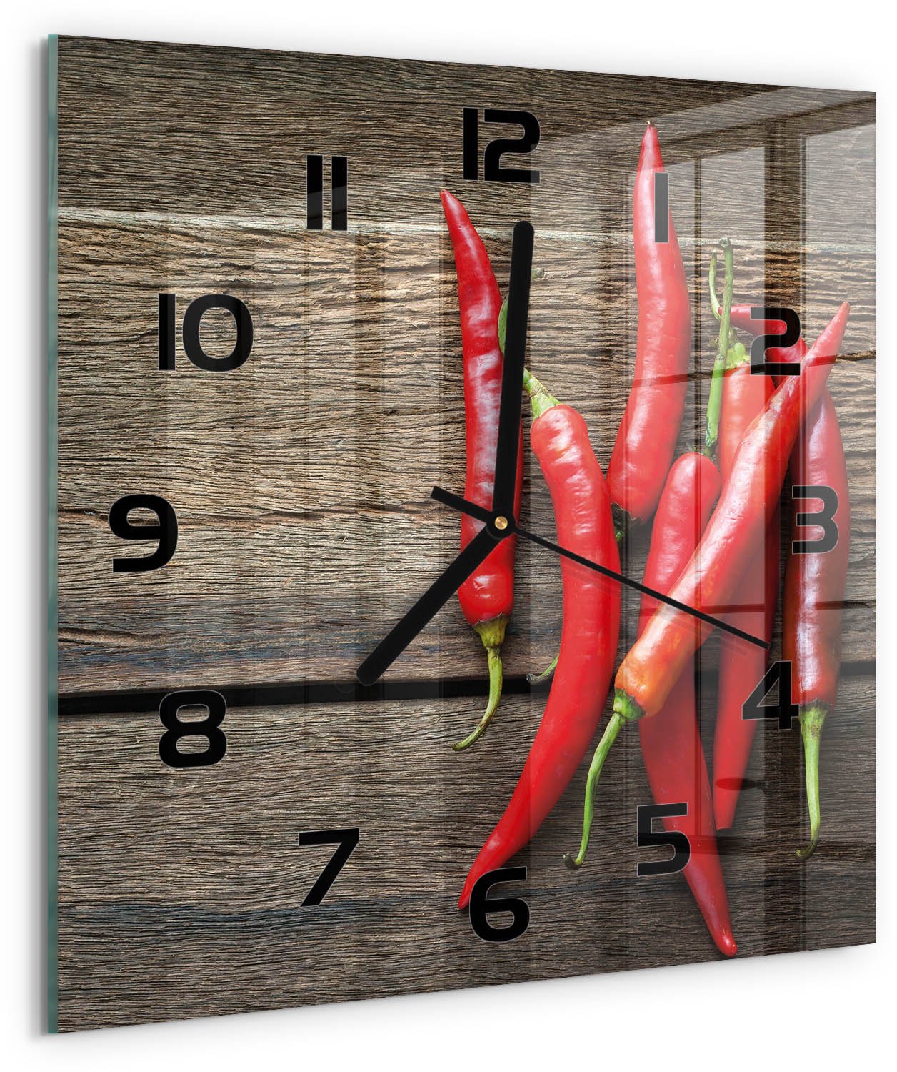 TULUP Wandklok - Chilipepers Moderne Wandklok Glas - 30x30 cm - Rood Wandklok Glas Decoratie - Zwarte handen - Vierkante Klok - Glazen Wandklok Design - Klok Glas Met Opdruk