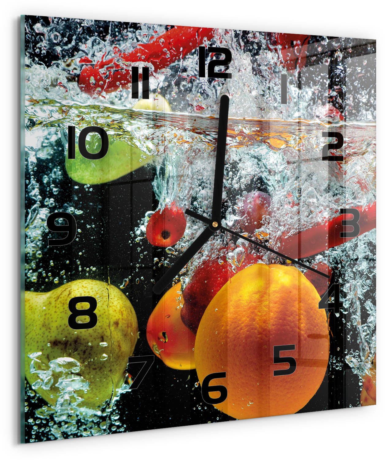 TULUP Wandklok - Fruit onder water Decoratieve Glazen Klok - 30x30 cm - Veelkleurig Glazen Wandklok Design - Zwarte handen - Vierkante Klok - Glazen Klok Met Print - Wandklok Glas Met Motief