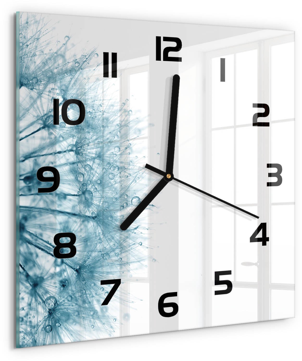 TULUP Wandklok - Paardebloem Glazen Wandklok Design - 30x30 cm - Grijs Klok Glas Met Opdruk - Zwarte handen - Vierkante Klok - Wandklok Glas Met Motief - Decoratieve Glazen Klok