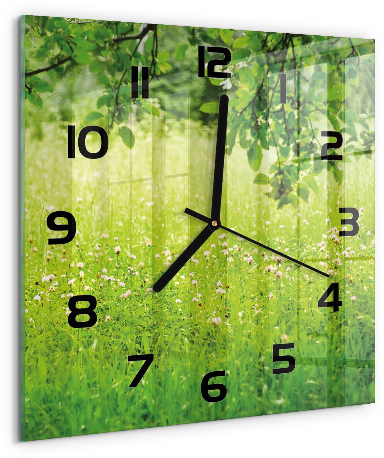 TULUP Wandklok - Groene weide Klok Glas Met Opdruk - 30x30 cm - Groente Moderne Wandklok Glas - Zwarte handen - Vierkante Klok - Decoratieve Glazen Klok - Glazen Wandklok Design