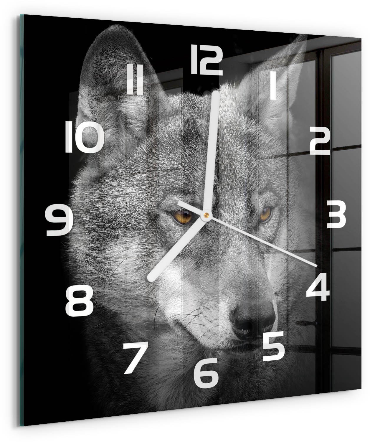 Tulup Wandklok - Wolf Gekleurde Glazen Klok - 30x30 cm - Grijs Glazen Klok Met Print - Witte handen - Vierkante Klok - Moderne Wandklok Glas - Wandklok Glas Decoratie