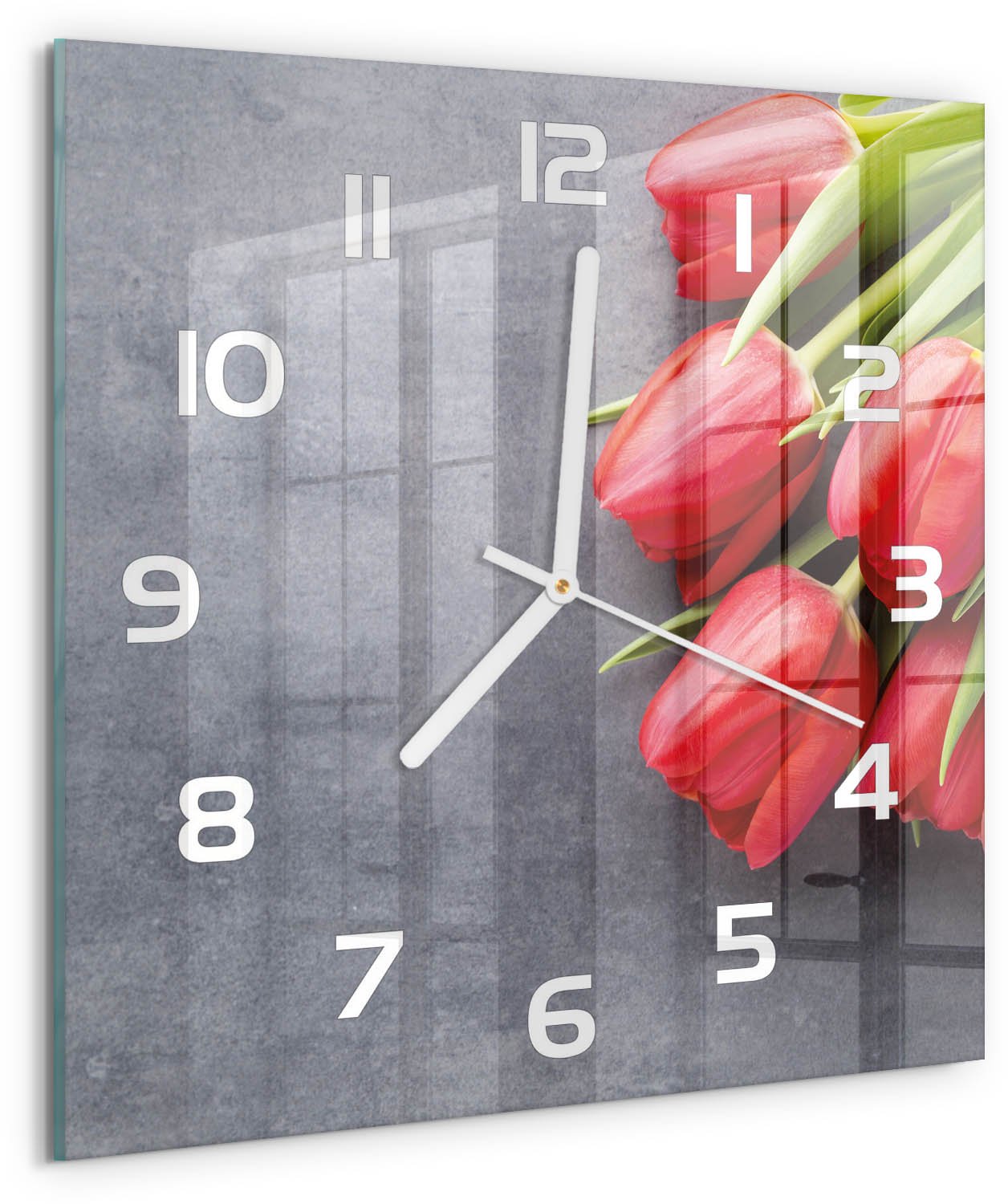 Tulup Wandklok - Rode tulpen Klok Glas Met Opdruk - 30x30 cm - Rood Moderne Wandklok Glas - Witte handen - Vierkante Klok - Decoratieve Glazen Klok - Glazen Wandklok Design