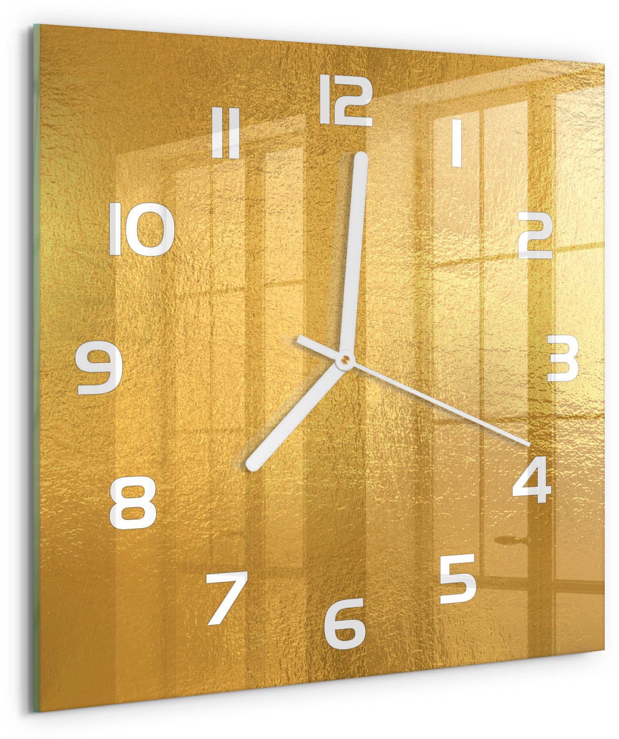 Tulup Wandklok - Achtergrond van goudfolie Wandklok Glas Met Motief - 30x30 cm - Gouden Decoratieve Glazen Klok - Witte handen - Vierkante Klok - Gekleurde Glazen Klok - Glazen Klok Met Print