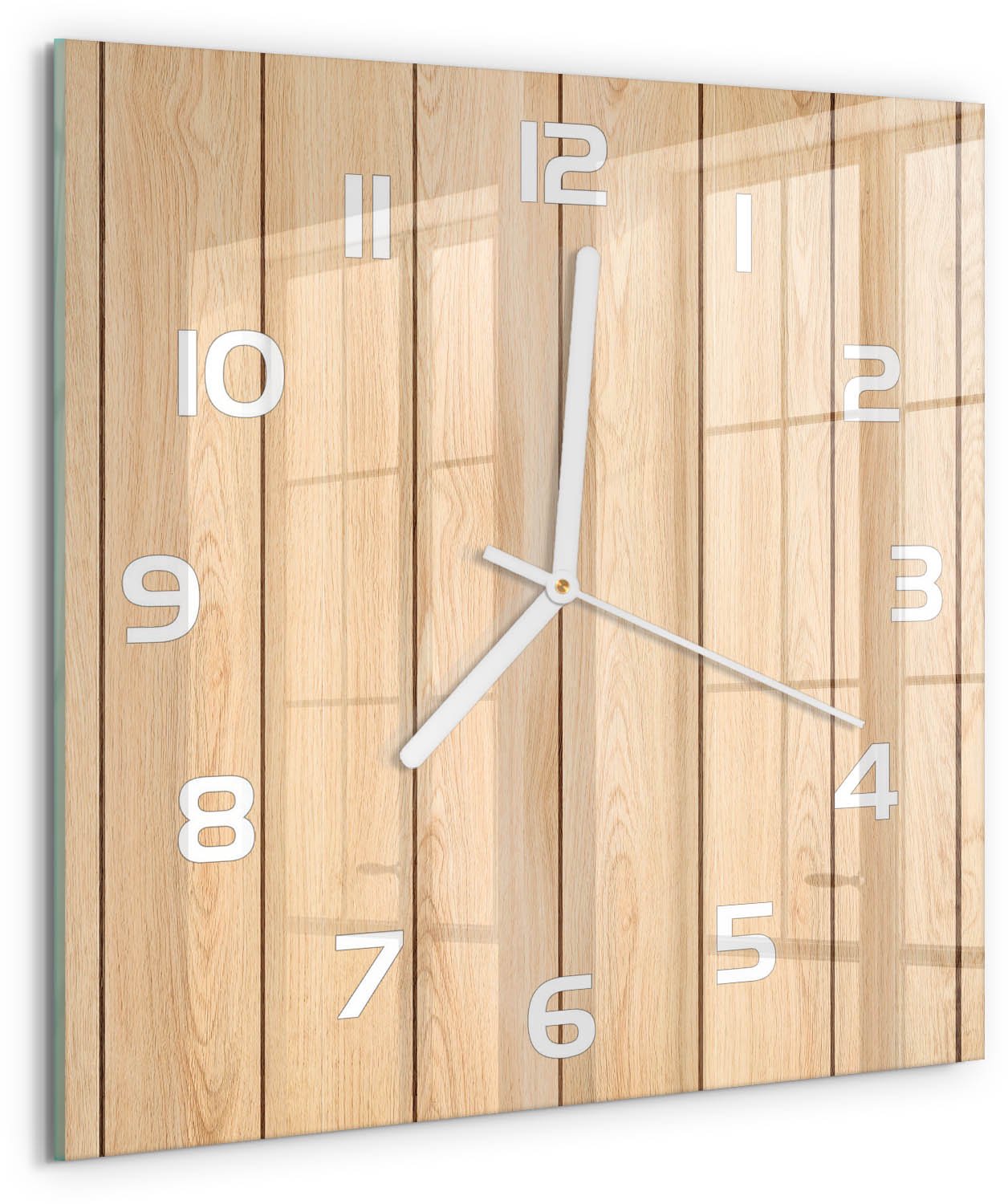Tulup Wandklok - Houten achtergrond Glazen Wandklok Design - 30x30 cm - Beige Klok Glas Met Opdruk - Witte handen - Vierkante Klok - Wandklok Glas Met Motief - Decoratieve Glazen Klok
