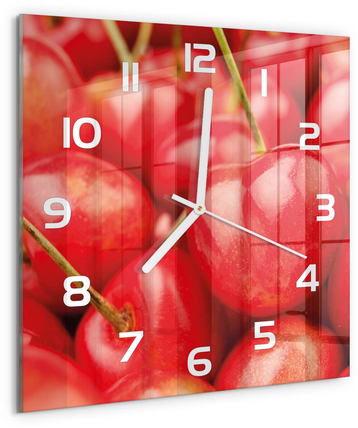 Tulup Wandklok - Kers Wandklok Glas Decoratie - 30x30 cm - Rood Gekleurde Glazen Klok - Witte handen - Vierkante Klok - Klok Glas Met Opdruk - Moderne Wandklok Glas