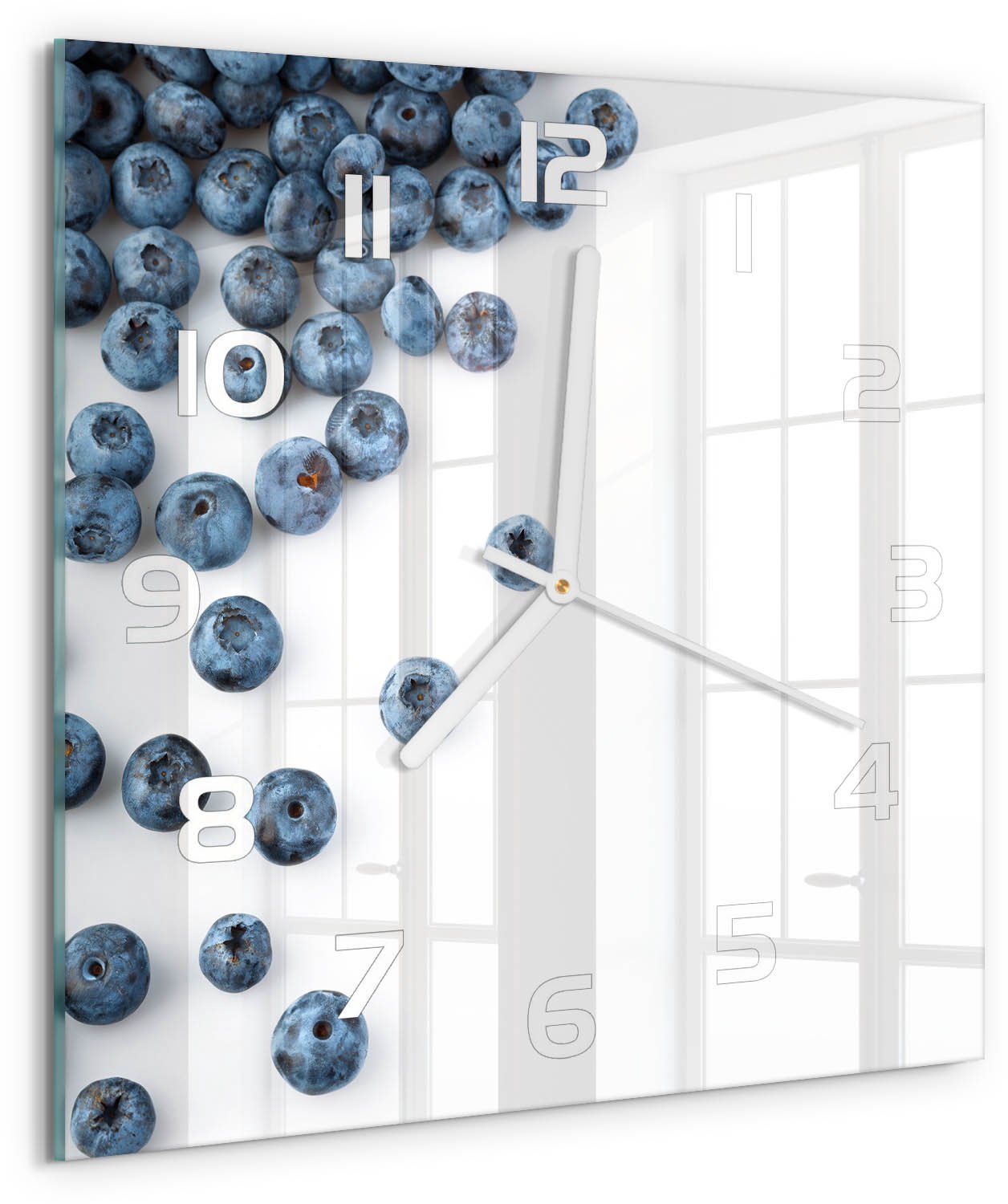 Tulup Wandklok - Bosbessen Moderne Wandklok Glas - 30x30 cm - Blauw Wandklok Glas Decoratie - Witte handen - Vierkante Klok - Glazen Wandklok Design - Klok Glas Met Opdruk