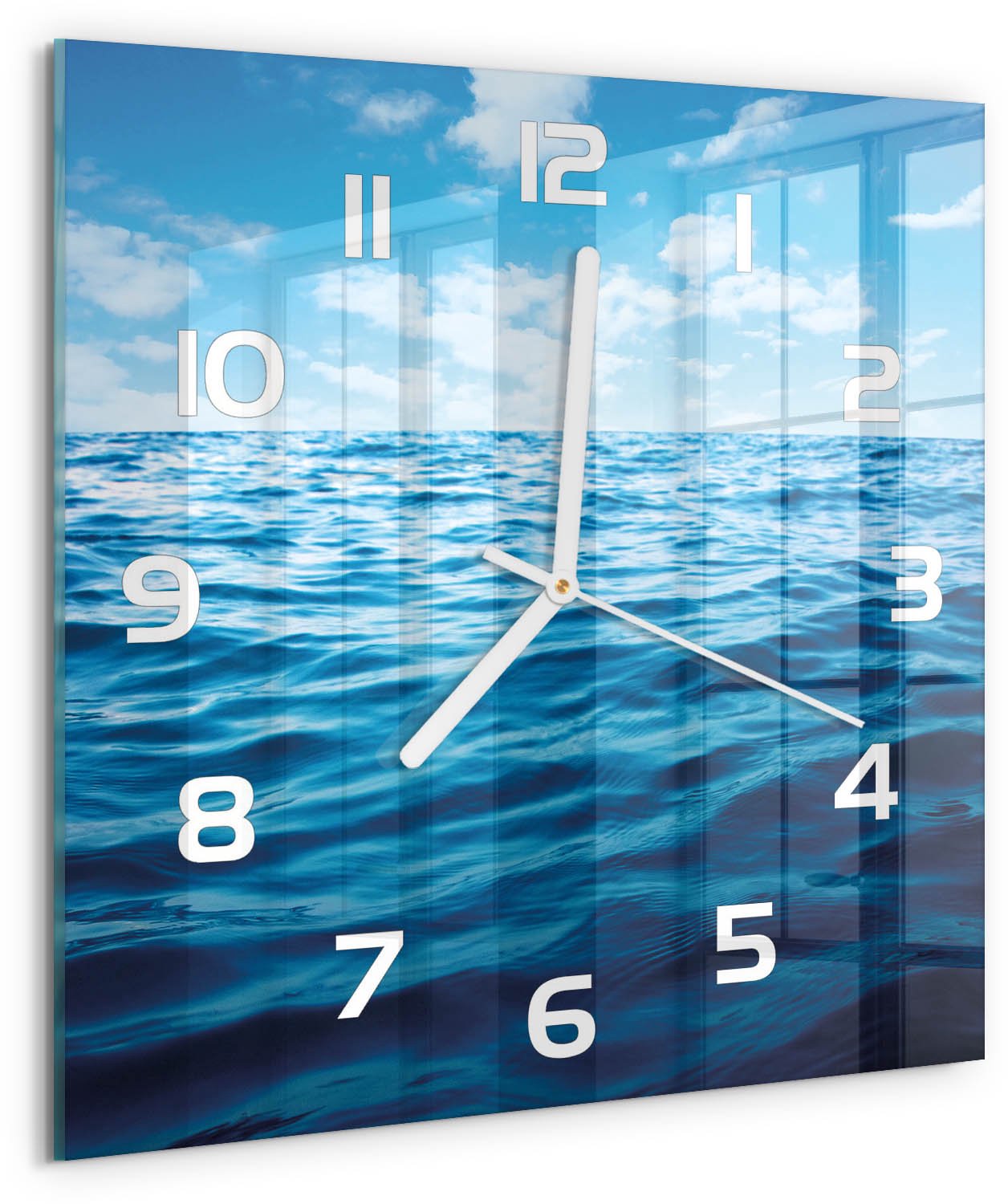 Tulup Wandklok - Zeewater Wandklok Glas Decoratie - 30x30 cm - Blauw Gekleurde Glazen Klok - Witte handen - Vierkante Klok - Klok Glas Met Opdruk - Moderne Wandklok Glas