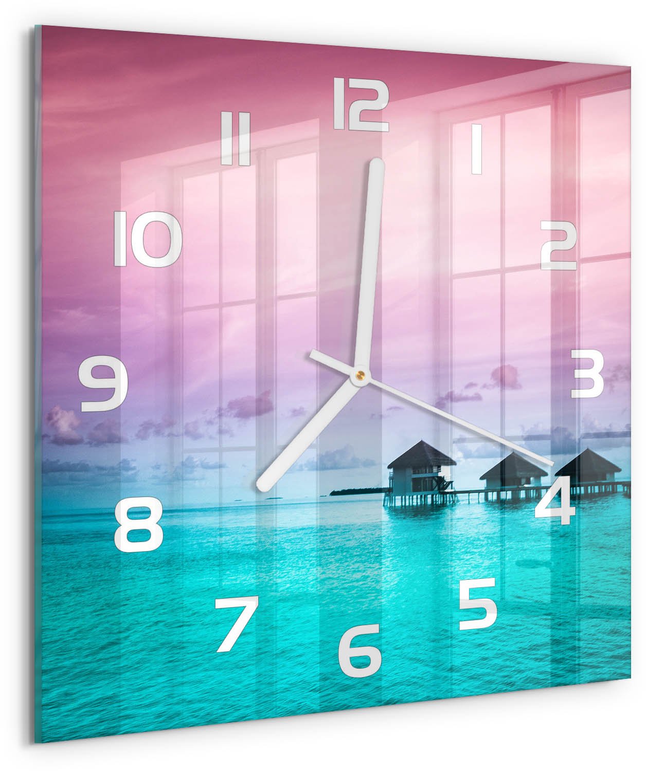 Tulup Wandklok - Bungalows aan het water Wandklok Glas Met Motief - 30x30 cm - Blauw Decoratieve Glazen Klok - Witte handen - Vierkante Klok - Gekleurde Glazen Klok - Glazen Klok Met Print