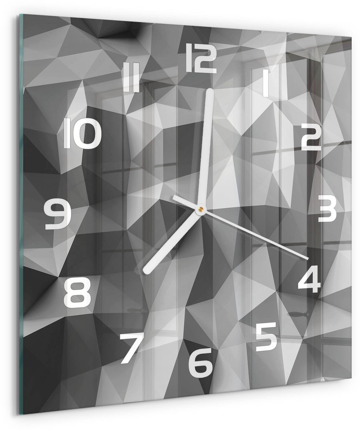 Tulup Wandklok - Driehoeken van abstractie Glazen Klok Met Print - 30x30 cm - Grijs Wandklok Glas Met Motief - Witte handen - Vierkante Klok - Wandklok Glas Decoratie - Gekleurde Glazen Klok