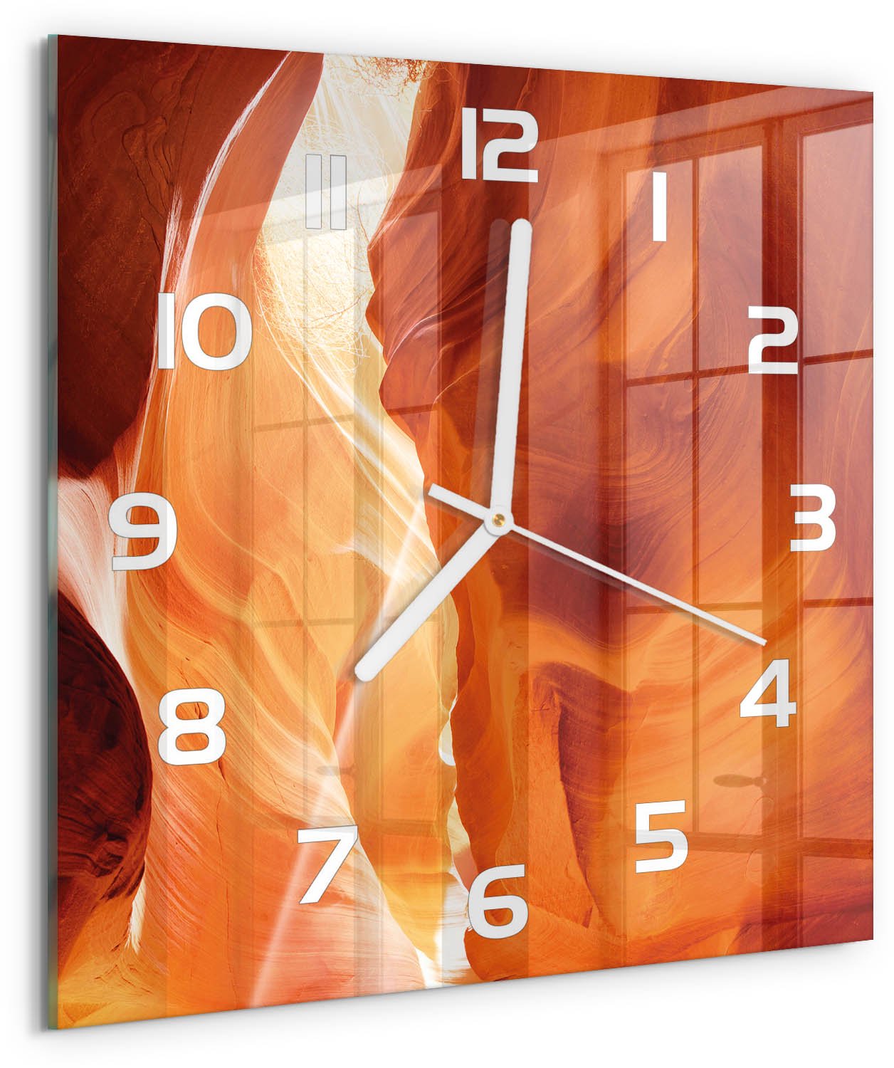 Tulup Wandklok - Canyon Glazen Klok Met Print - 30x30 cm - Oranje Wandklok Glas Met Motief - Witte handen - Vierkante Klok - Wandklok Glas Decoratie - Gekleurde Glazen Klok