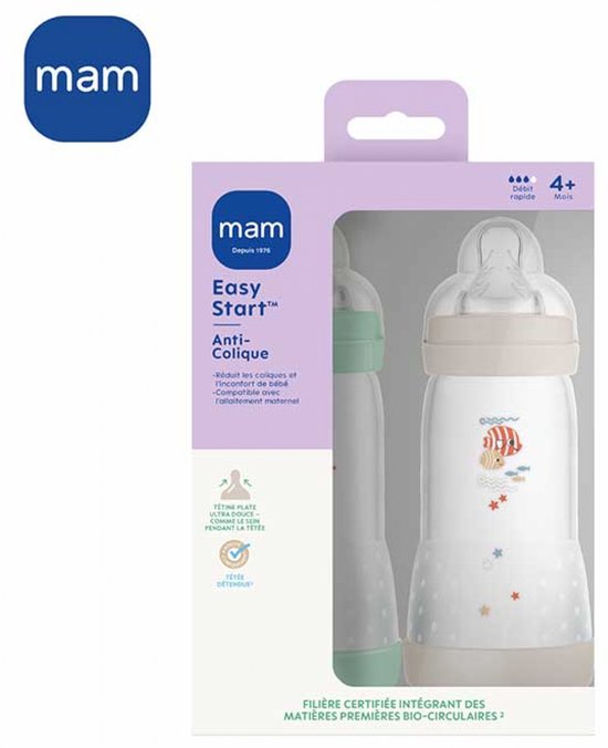 Set van 2 Babyflessen - MAM - Easy Start - Klassiek Anti-Colic - 320 ml - Doorstroomsnelheid 3 speen - Mint + Katoen — afbeelding 2