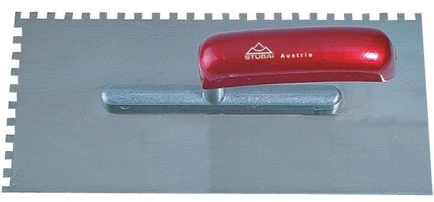 Stijltroffel met tanden - Afwerktroffel getand - Metselen en tegelen - Gebogen schrift 6mm - 27x12x12cm - Rood