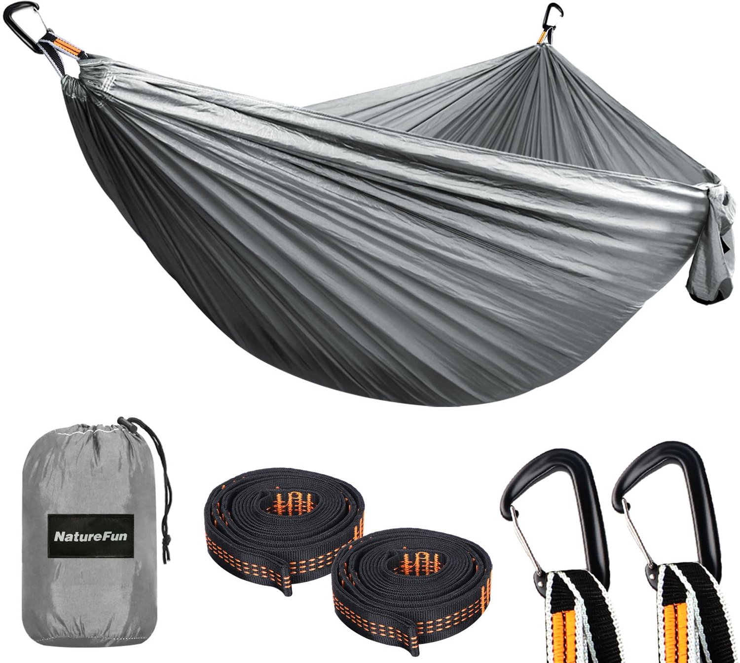 NatureFun ultralichte hangmat voor kamperen en reizen, draagvermogen 300 kg, 300 x 200 cm, ademend, nylon voor parachutes, 2 premium karabijnhaken, 2