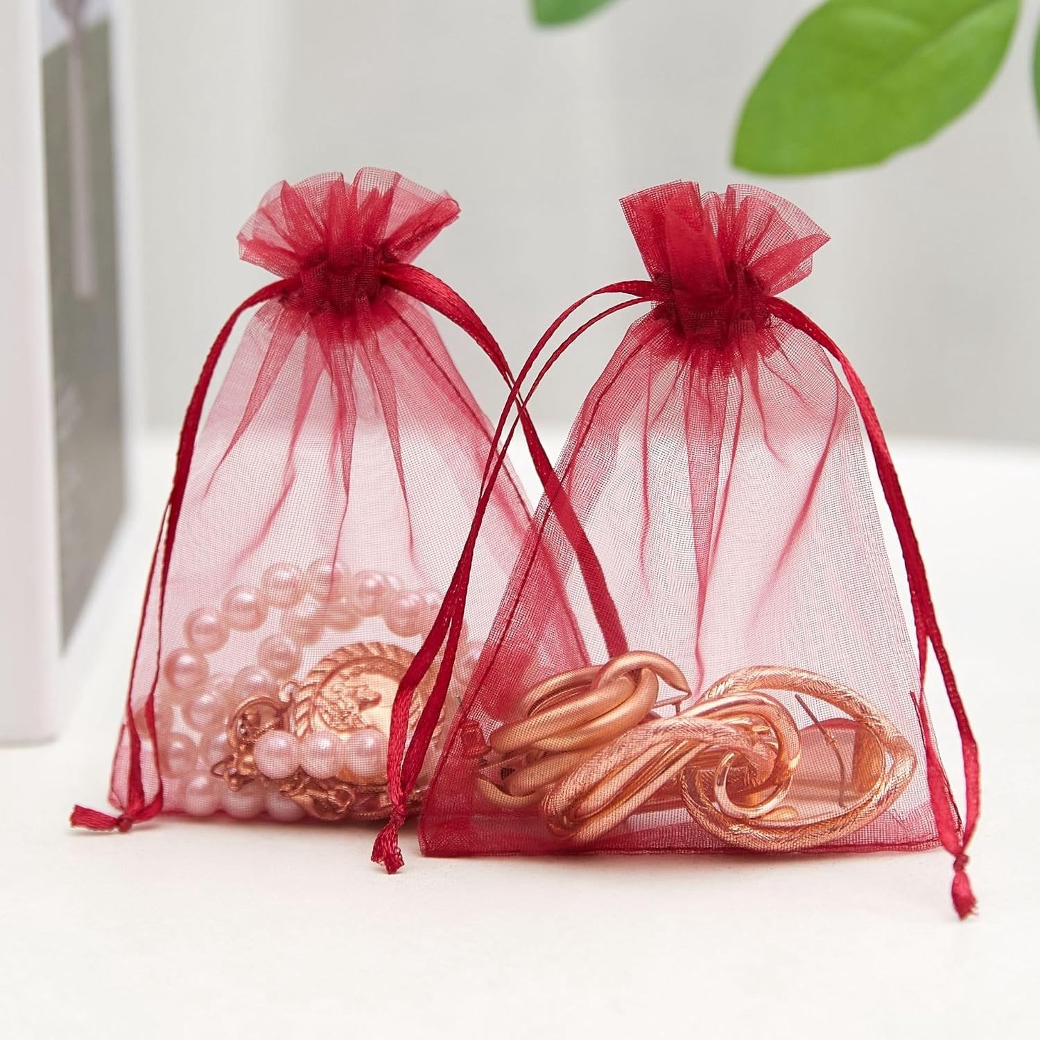 Cadeauzakjes - Wijnrood - 9 x 12 cm - Organza Zakjes met Trekkoord - Voor Bruiloft en Feest