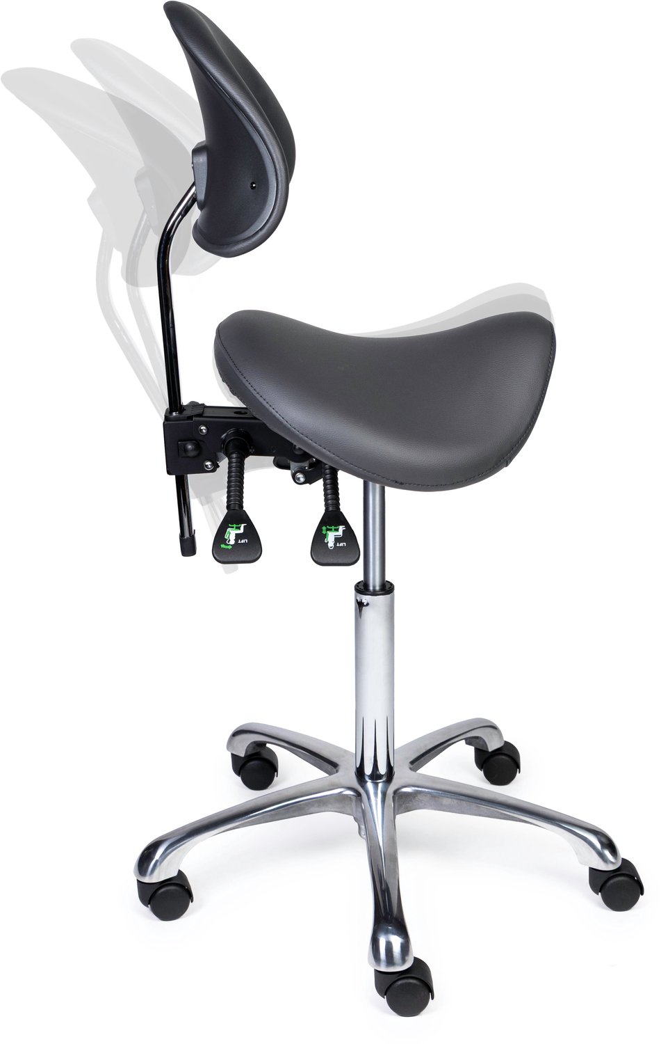 Ergonomische Zadelkruk met Rugleuning Premium Grijs op Wielen Lage uitvoering (45-58cm) / Zonder voetensteun / Voetdoppen
