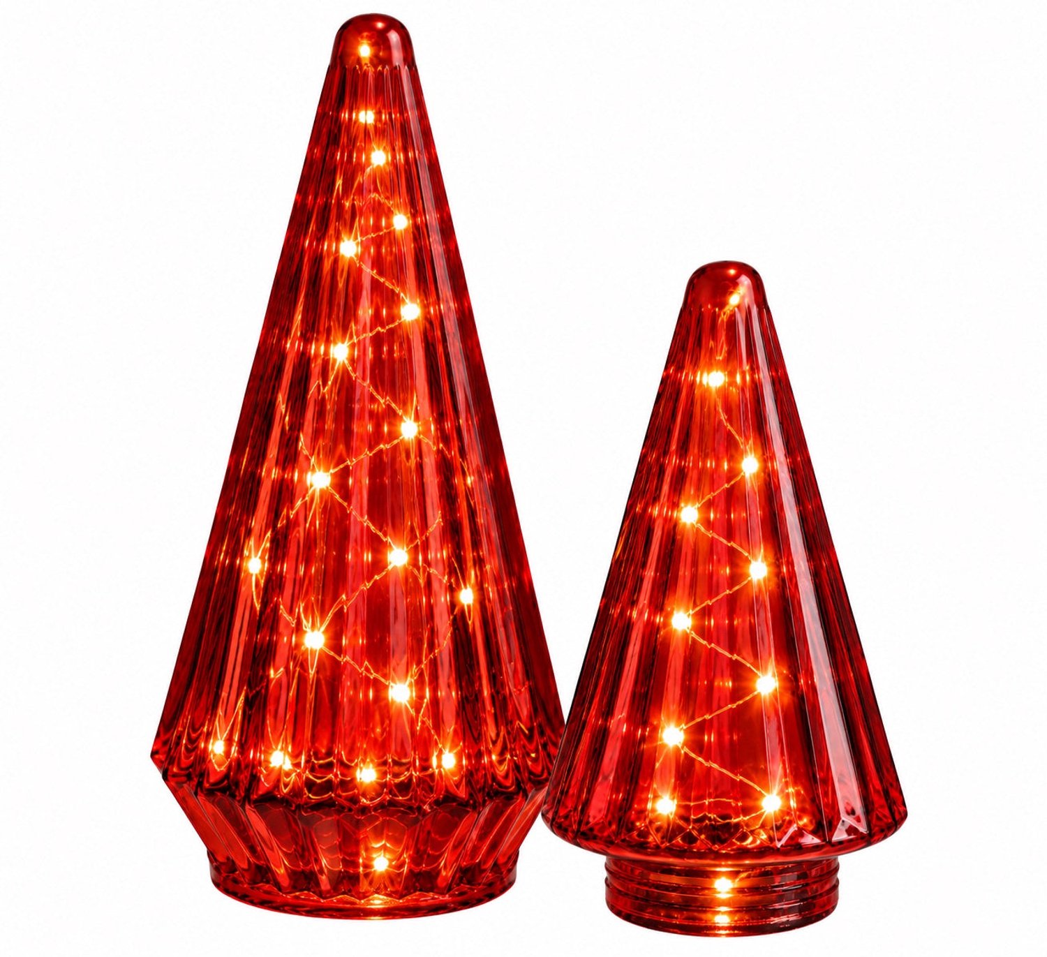 WinQ Glazen Kerstboom met LED Verlichting- Set 2 – Bordeaux (Rood) – Kerstdecoratie voor Binnen –H:24 en 33cm