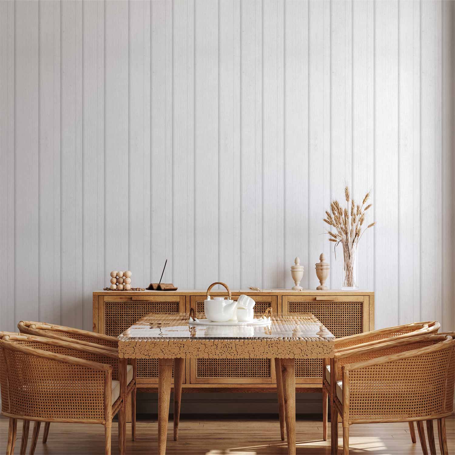 Behang - Vertical Lines - White background with a delicate wood pattern vertically.