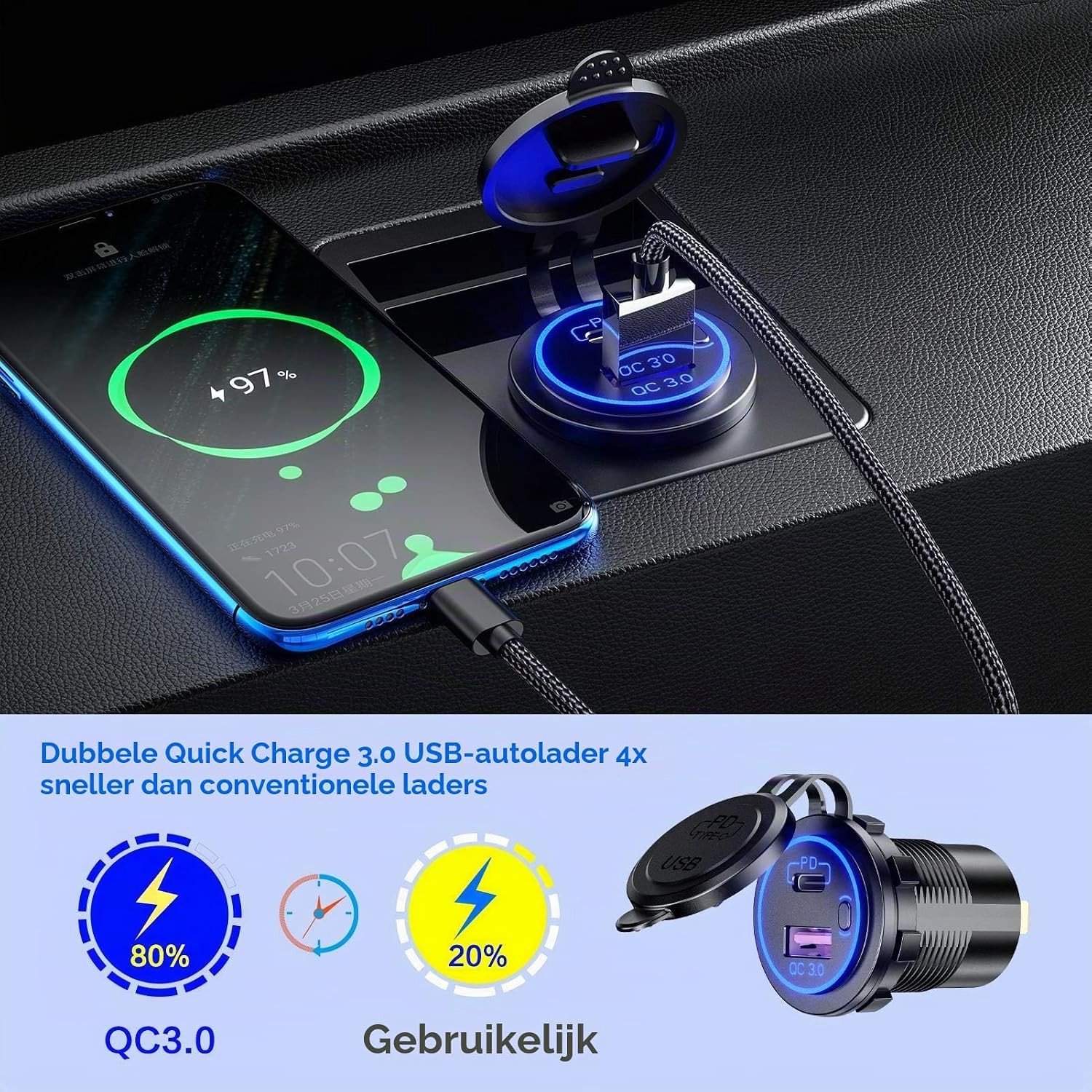Oplaadbare Auto Lader met USB, QC3.0 en PD/Type-C, Waterdicht en LED Verlichting voor Snelladen – foto 2