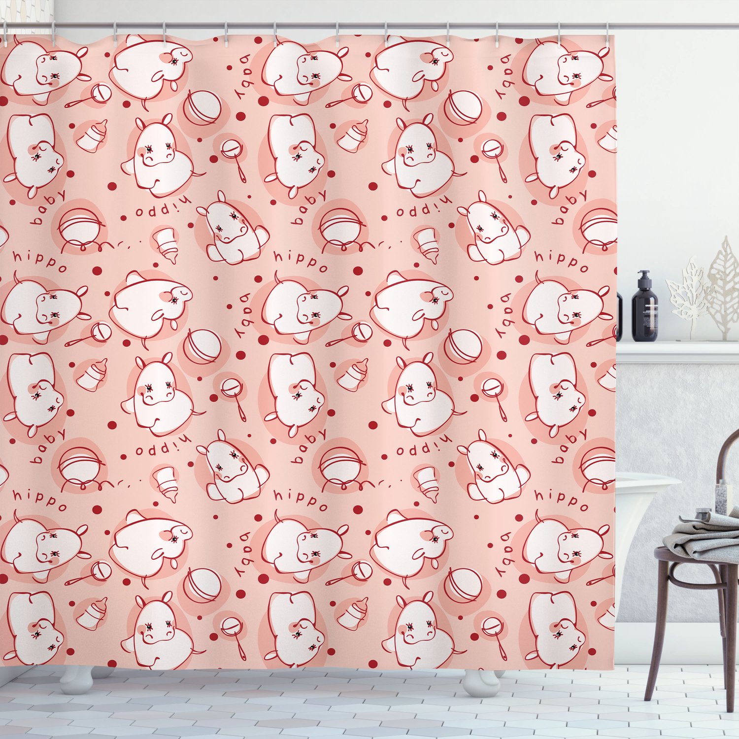 ABAKUHAUS Nijlpaard Douchegordijn, Grappig Nijlpaardenpatroon voor Kinder- en Speelkamer, Stoffen Badkamerdecoratieset met Haken, 175 B x 200 L, Wit Koraalrood