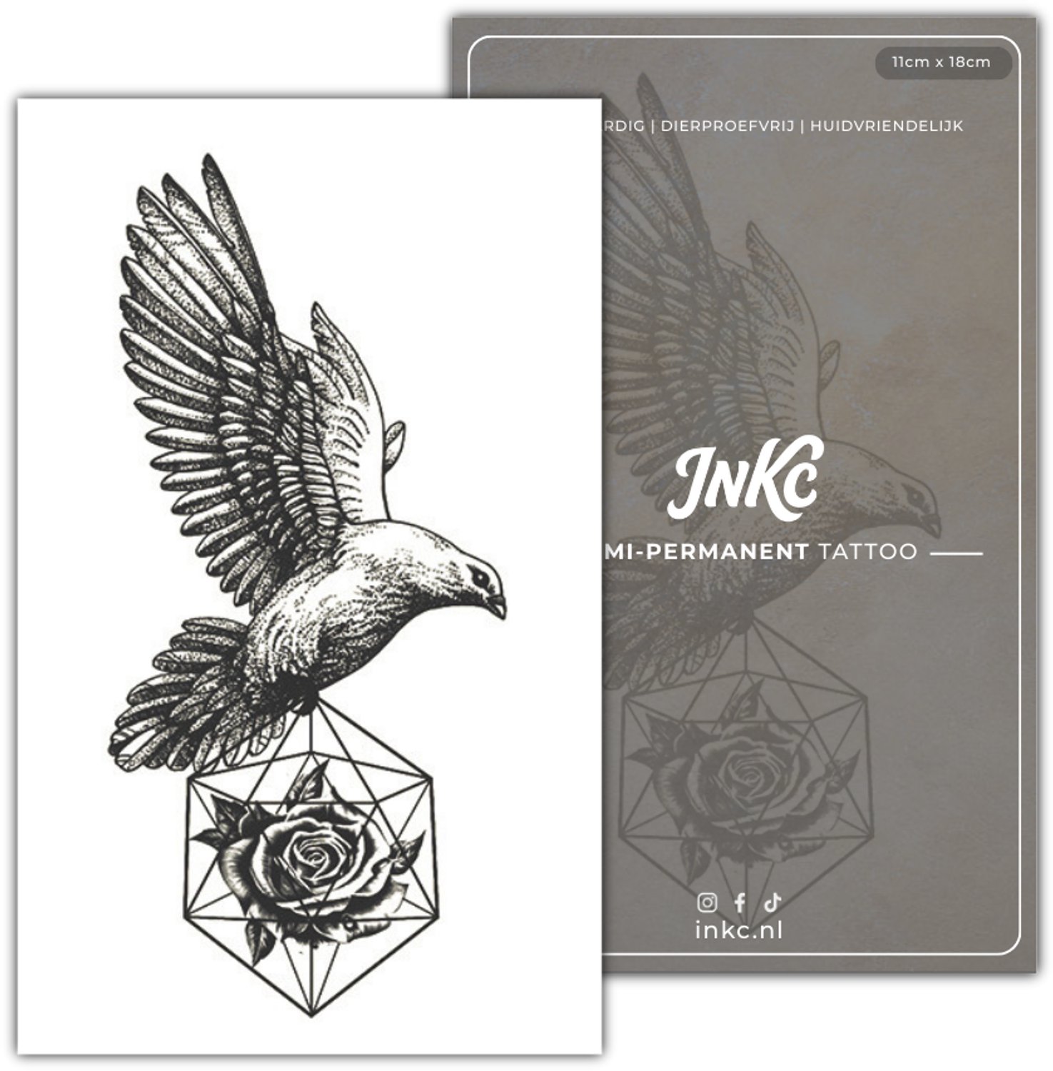 INKC - Tijdelijke Tattoo - Vrijheid Duif Roos - Nep Tattoo - Plak Tattoos - Blijft tot 2 weken - 11 x 18cm