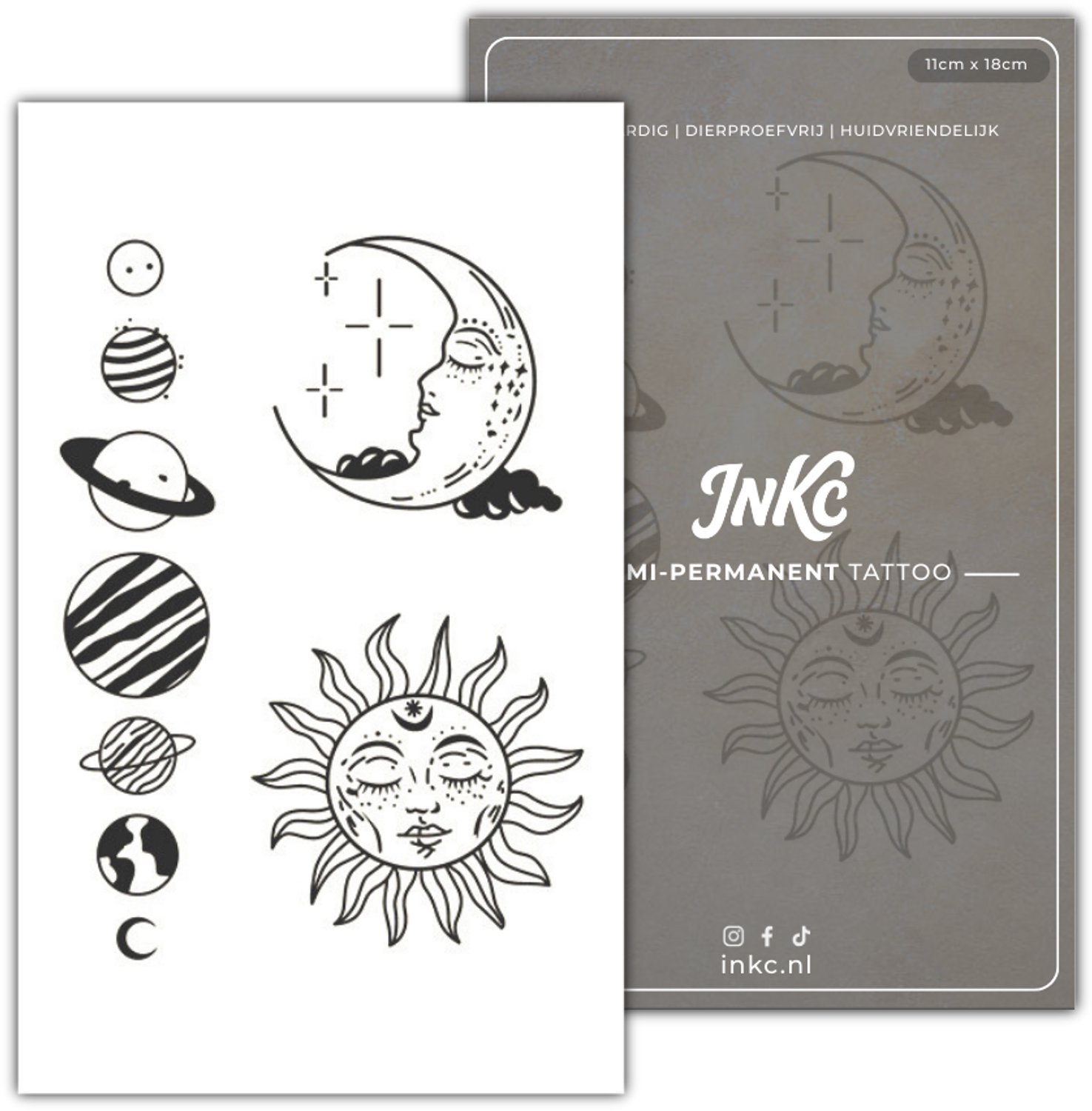 INKC - Tijdelijke Tattoo - Maan Zon Planeten - Nep Tattoo - Plak Tattoos - Blijft tot 2 weken - 11 x 18cm