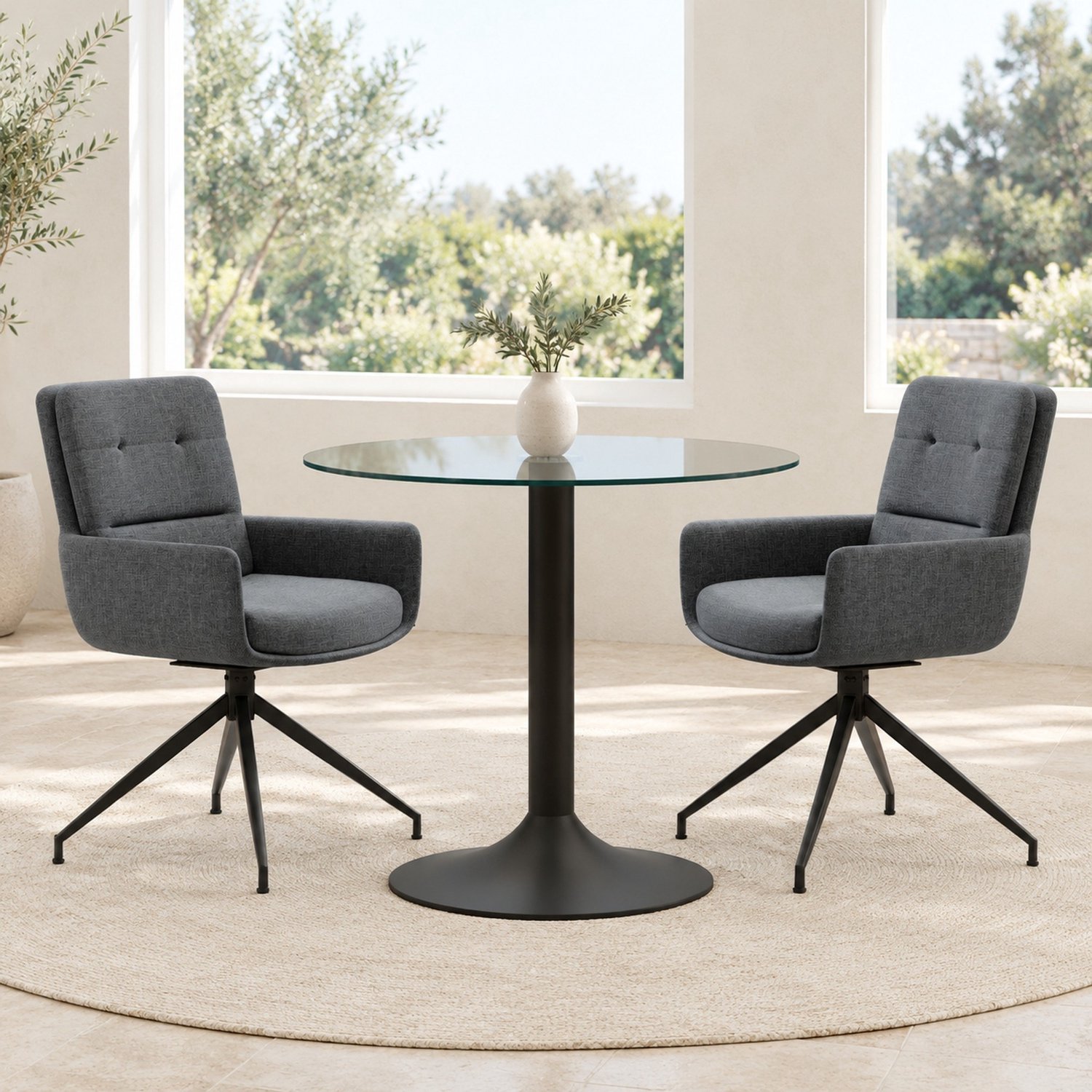 WUVRIE Ronde eettafelset Ø 85 cm - Gehard glazen tafel met 2 draaistoelen - Zwart/donkergrijs