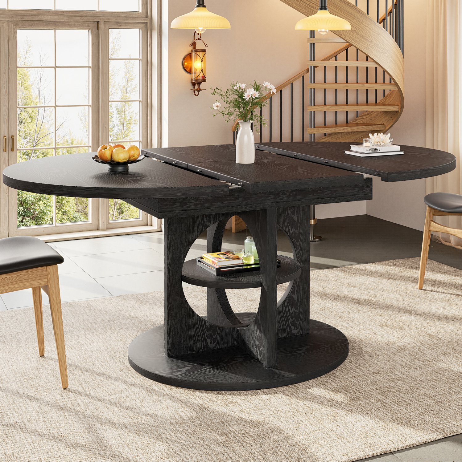 WUVRIE Uitschuifbare eettafel 110-150 cm - Rond naar ovaal met opbergrek - Zwart