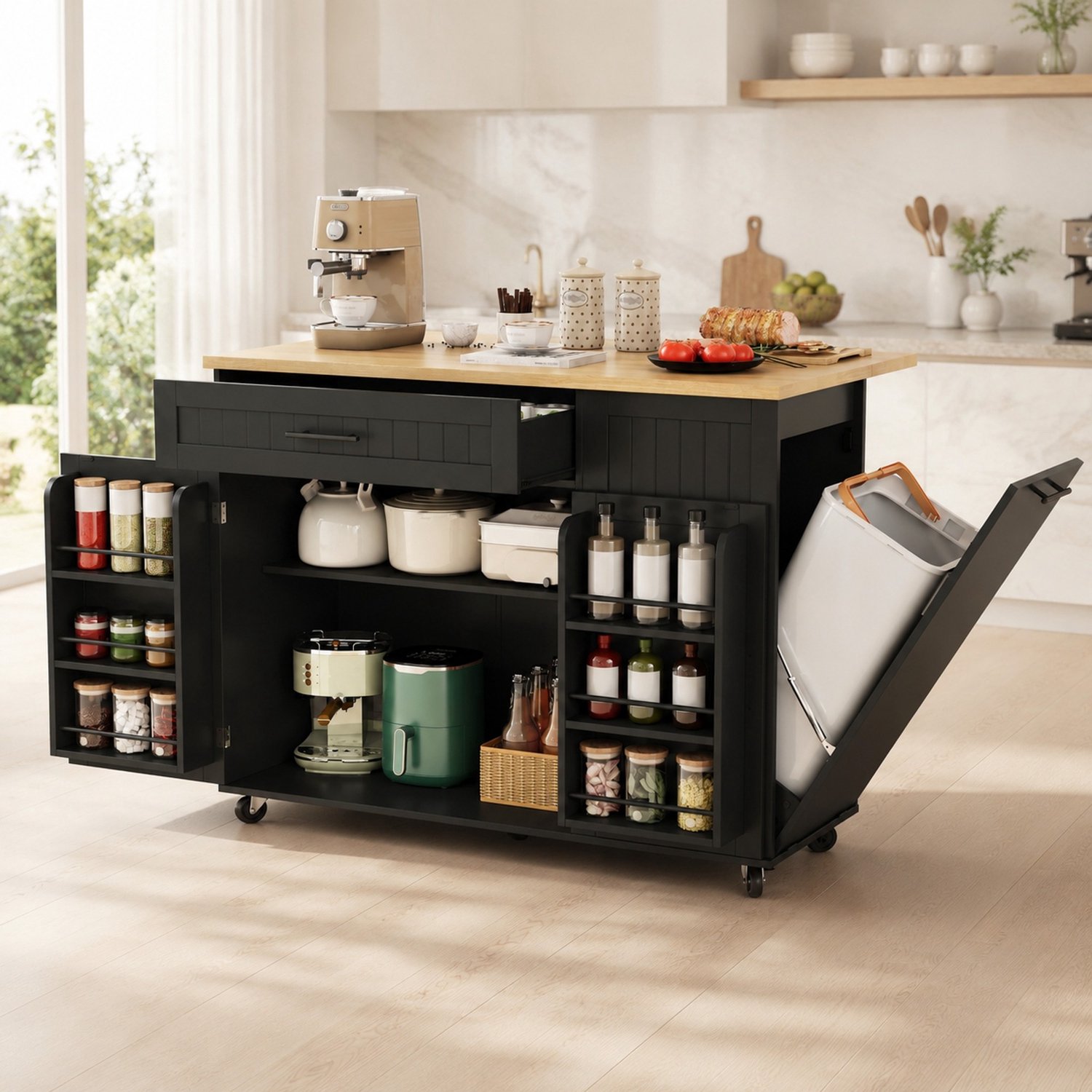 WUVRIE Mobiele keukeninsel 130x70x93 cm - Klapbaar werkblad en afvalbakvak - Zwart