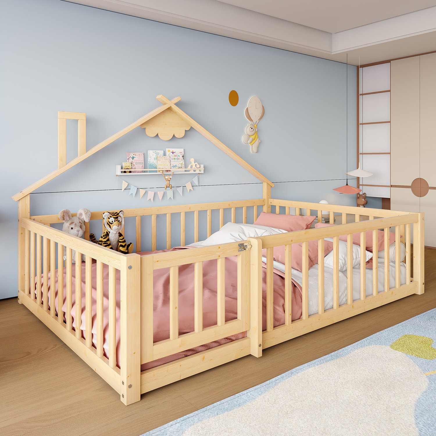 Kinderbed Huisbed 140 x 190 cm - Hout en MDF - Natuurkleur - Hek met slot