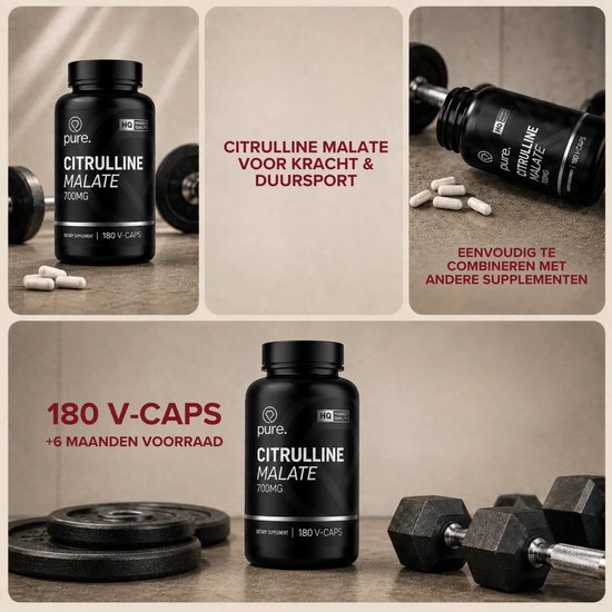Collage van Pure. Citrulline Malate met informatie over 180 capsules voor 6 maanden voorraad en sportgebruik.