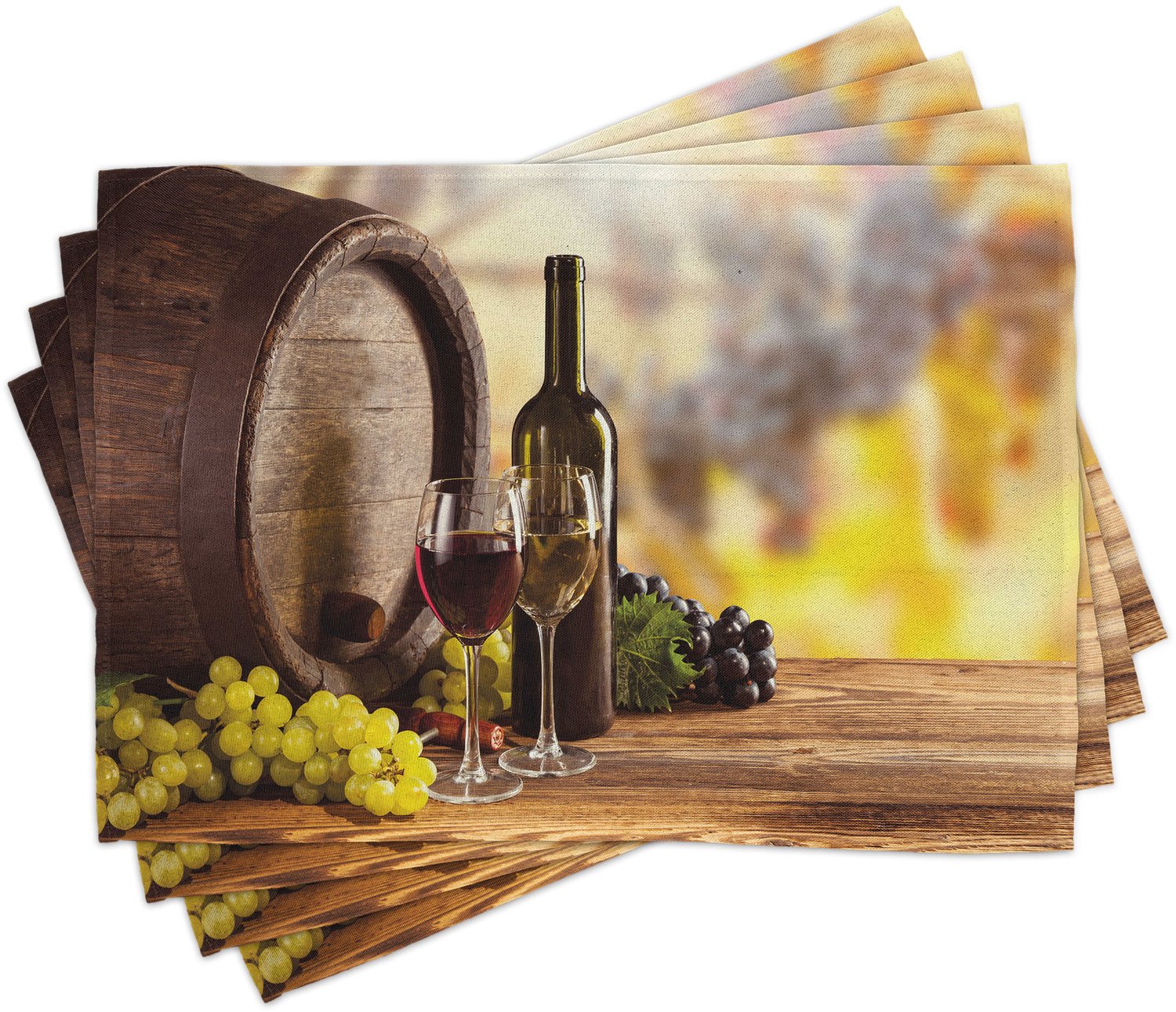 ABAKUHAUS Wijn Placemats Set van 4, Rood en Wit Wijn Fles Glas op Houten Vat Kwaliteit Smaak Traditionele, Wasbare Stoffen Placemats voor de Eettafel, Standaardformaat, Groen Geel
