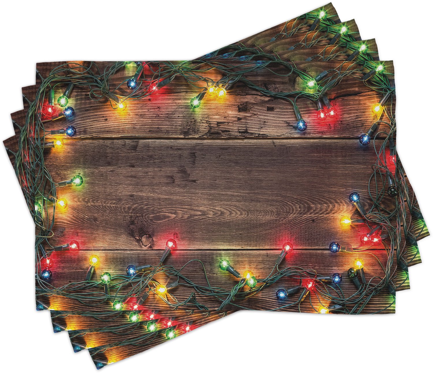 ABAKUHAUS Kerst Placemats Set van 4, Kerst at Platteland Thema Rustiek Huis Houten Planken Randen Natuurlijk Ontwerp, Wasbare Stoffen Placemats voor de Eettafel, Standaardformaat, Omber Groen